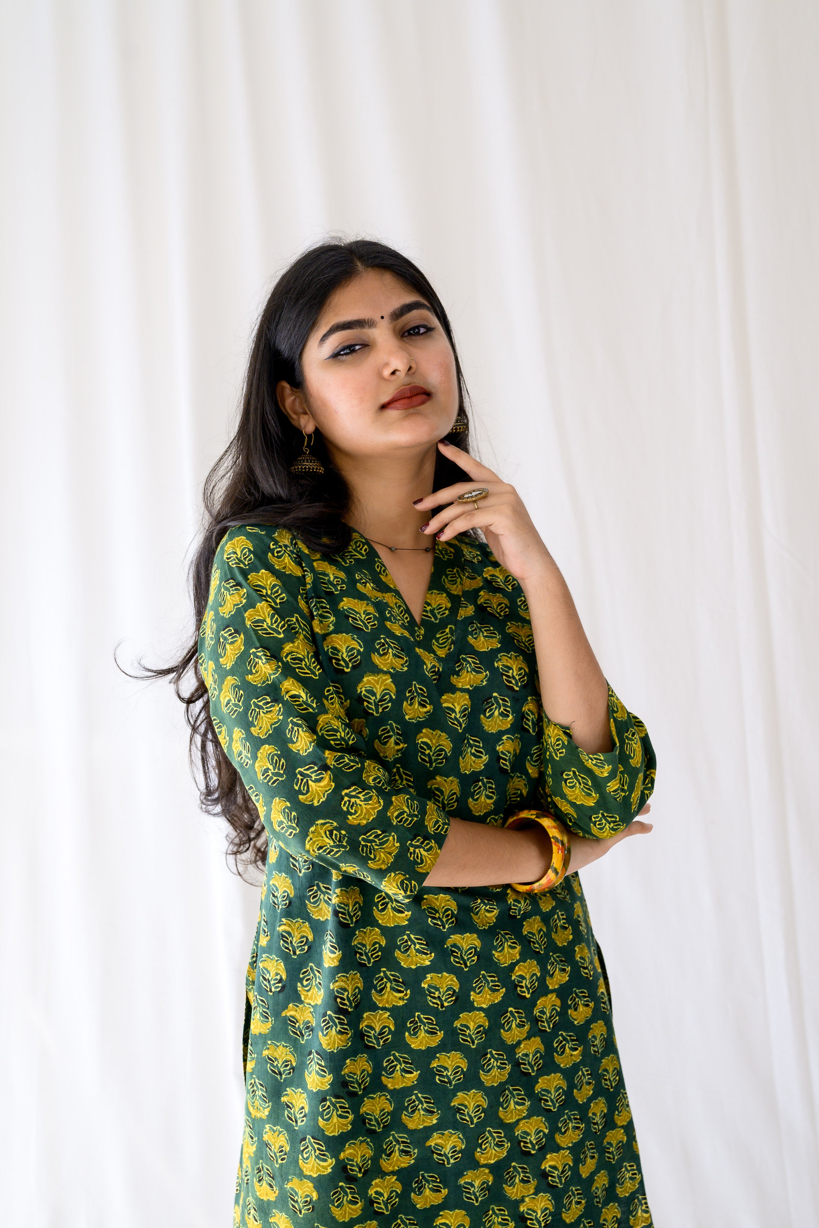 Nargis Bottle Green Ajrakh Kurta