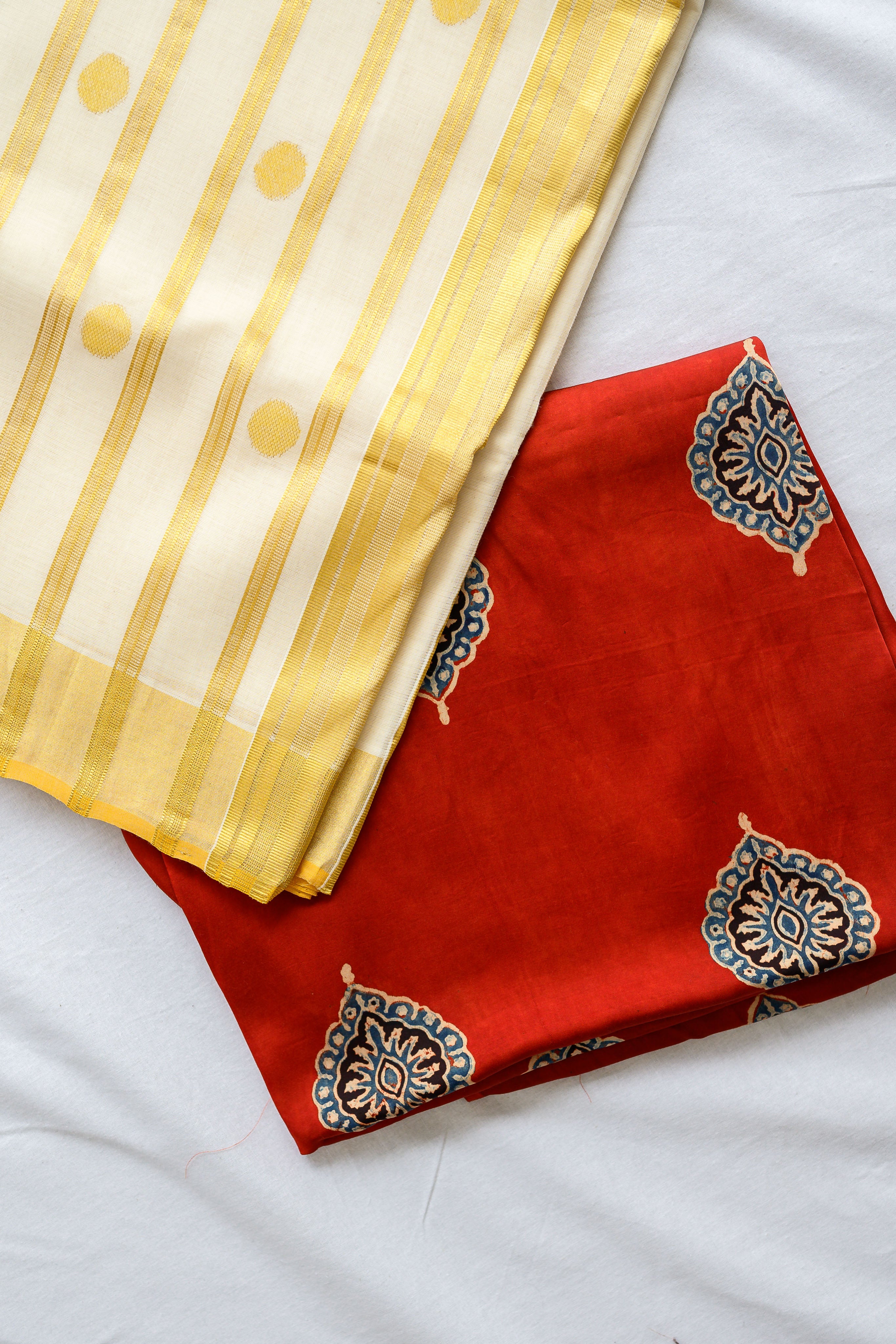 Golden Polka Lines Balaramapuram Handloom Saree with Modal Ajrakh Blouse