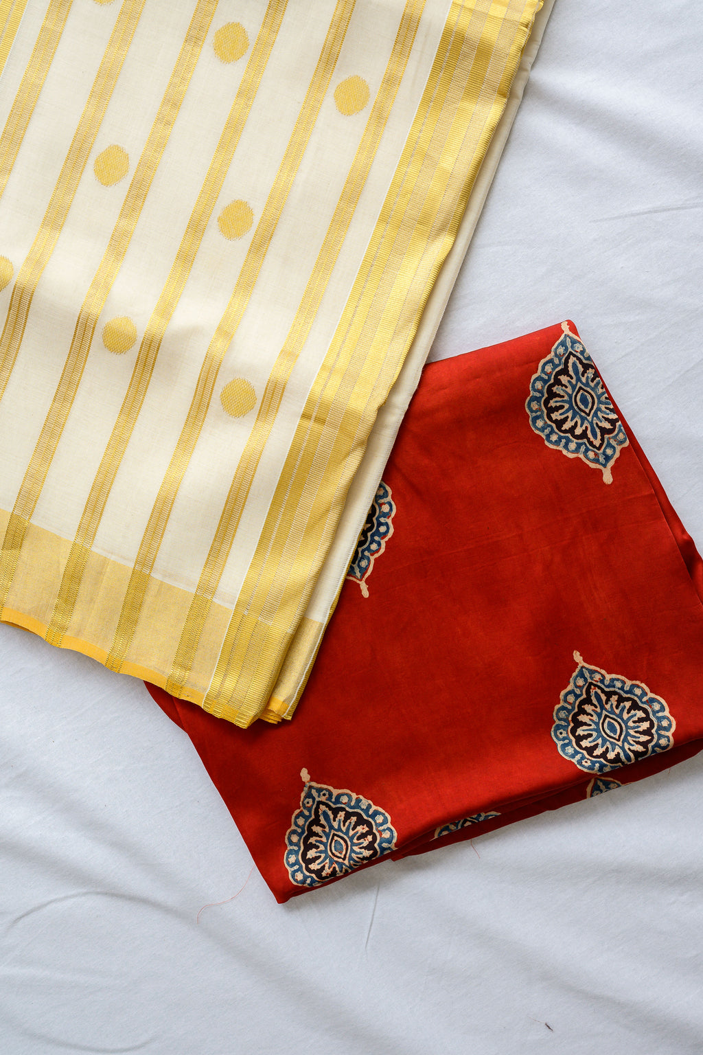 Golden Polka Lines Balaramapuram Handloom Saree with Modal Ajrakh Blouse
