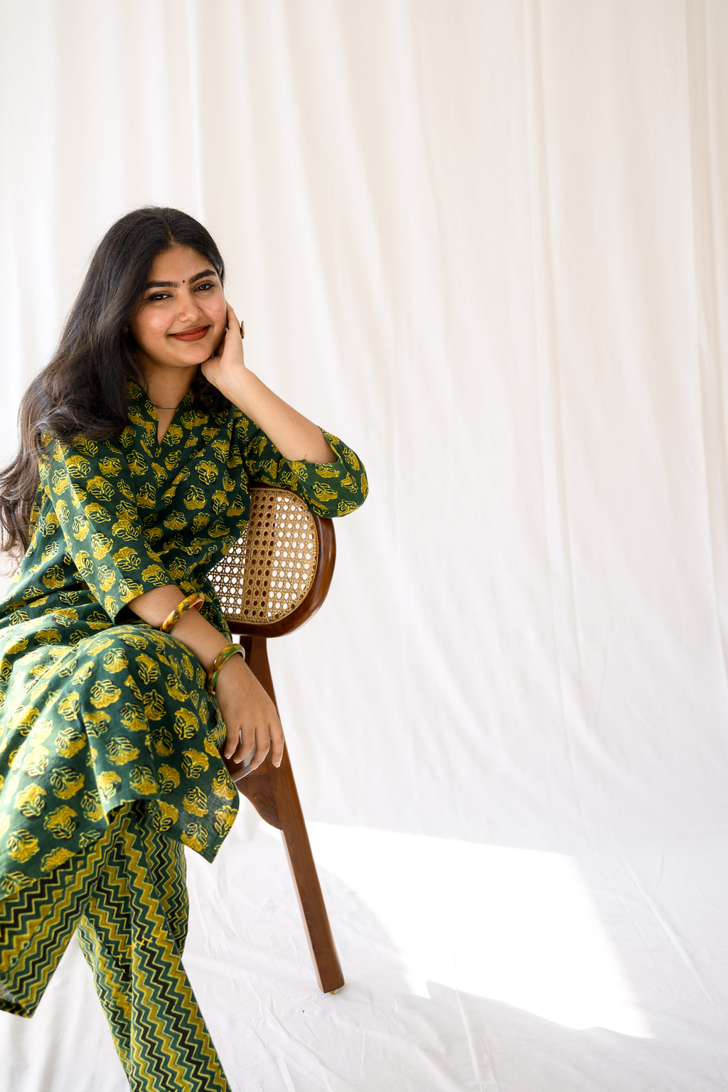 Nargis Bottle Green Ajrakh Kurta
