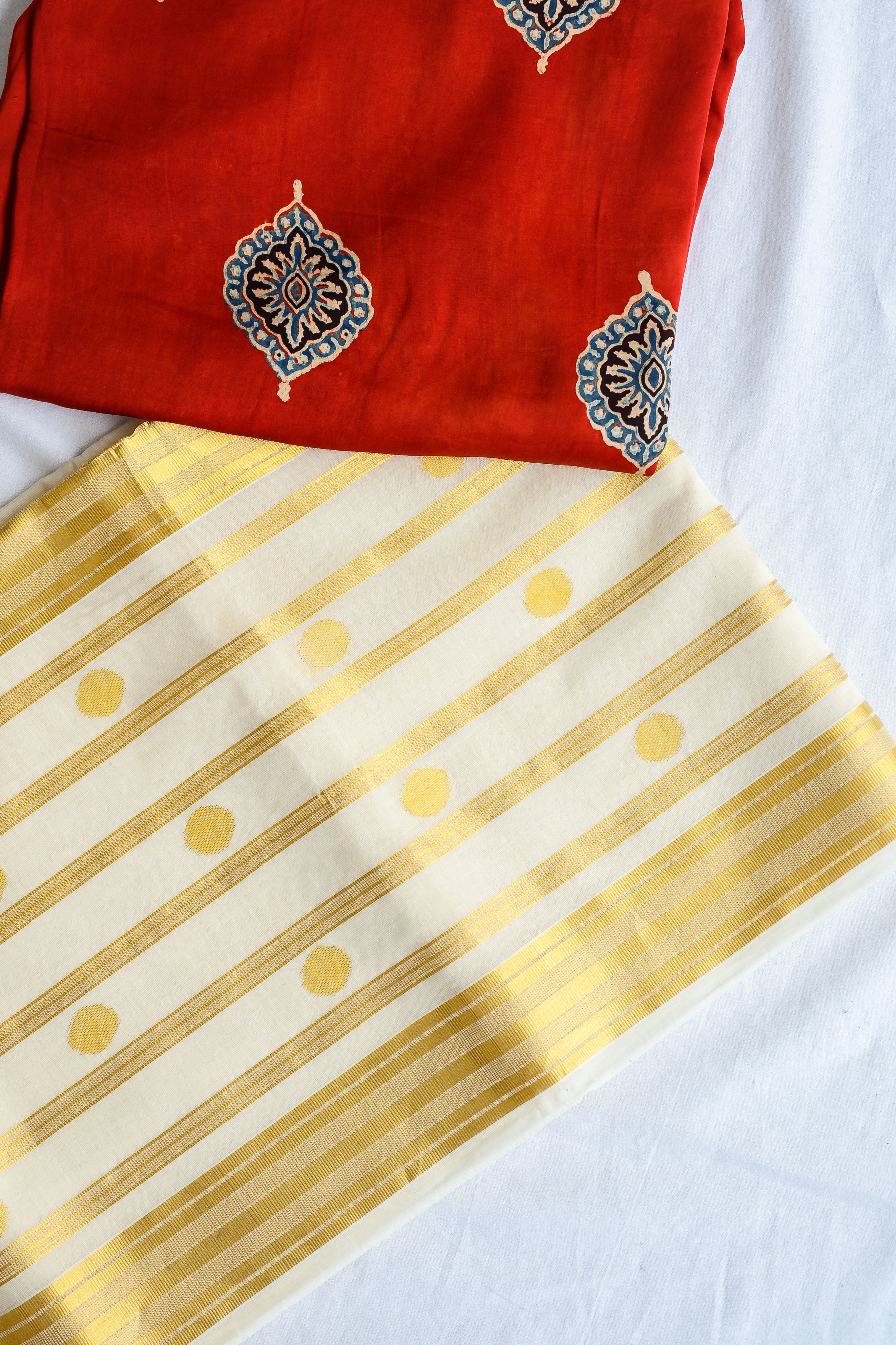 Golden Polka Lines Balaramapuram Handloom Saree with Modal Ajrakh Blouse