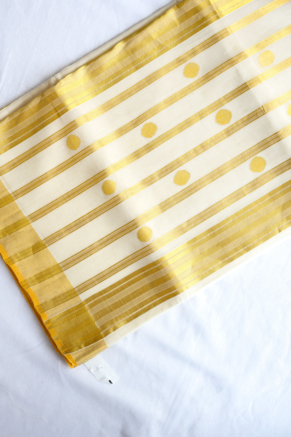 Golden Polka Lines Balaramapuram Handloom Saree with Modal Ajrakh Blouse