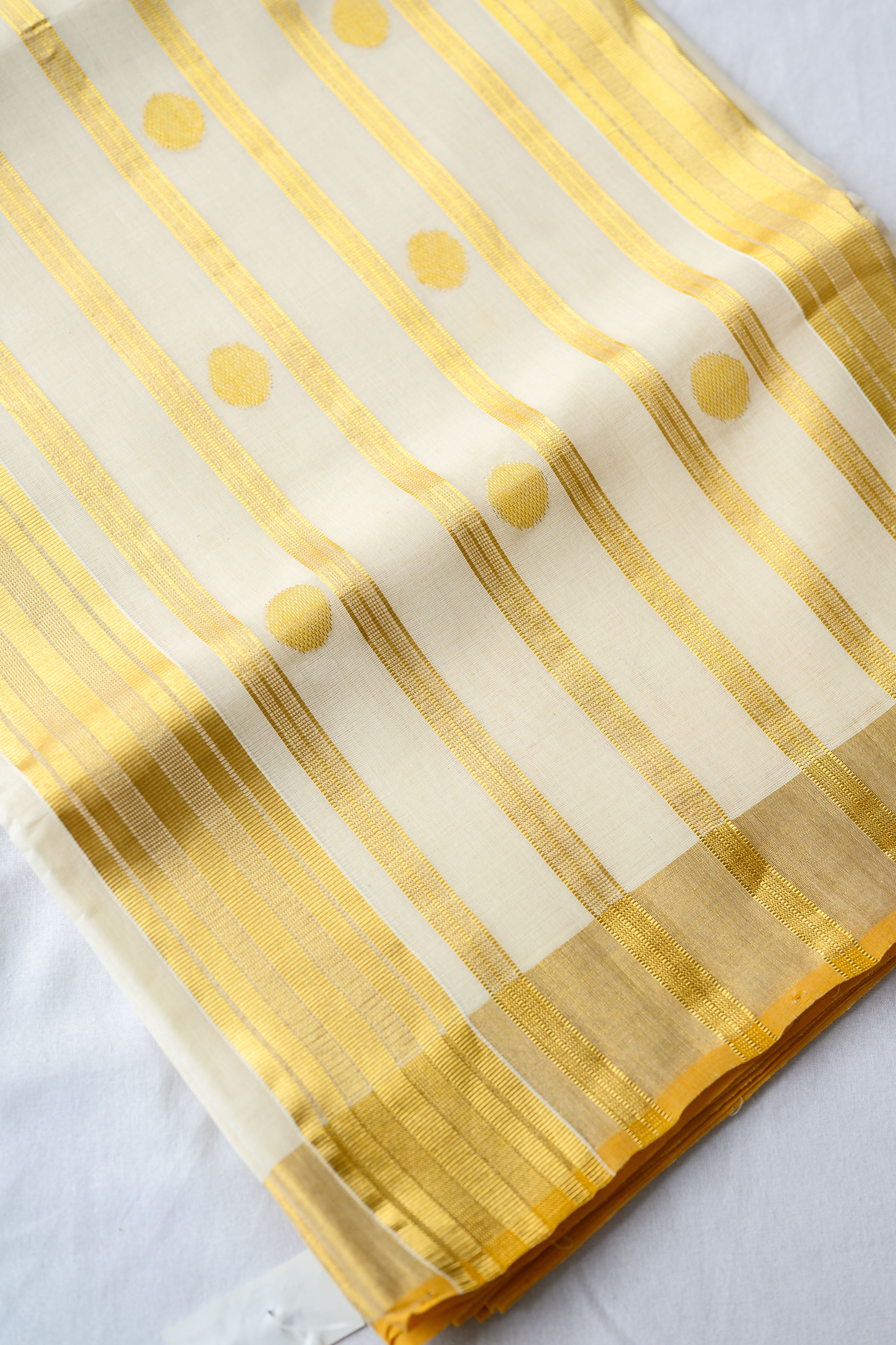 Golden Polka Lines Balaramapuram Handloom Saree with Modal Ajrakh Blouse