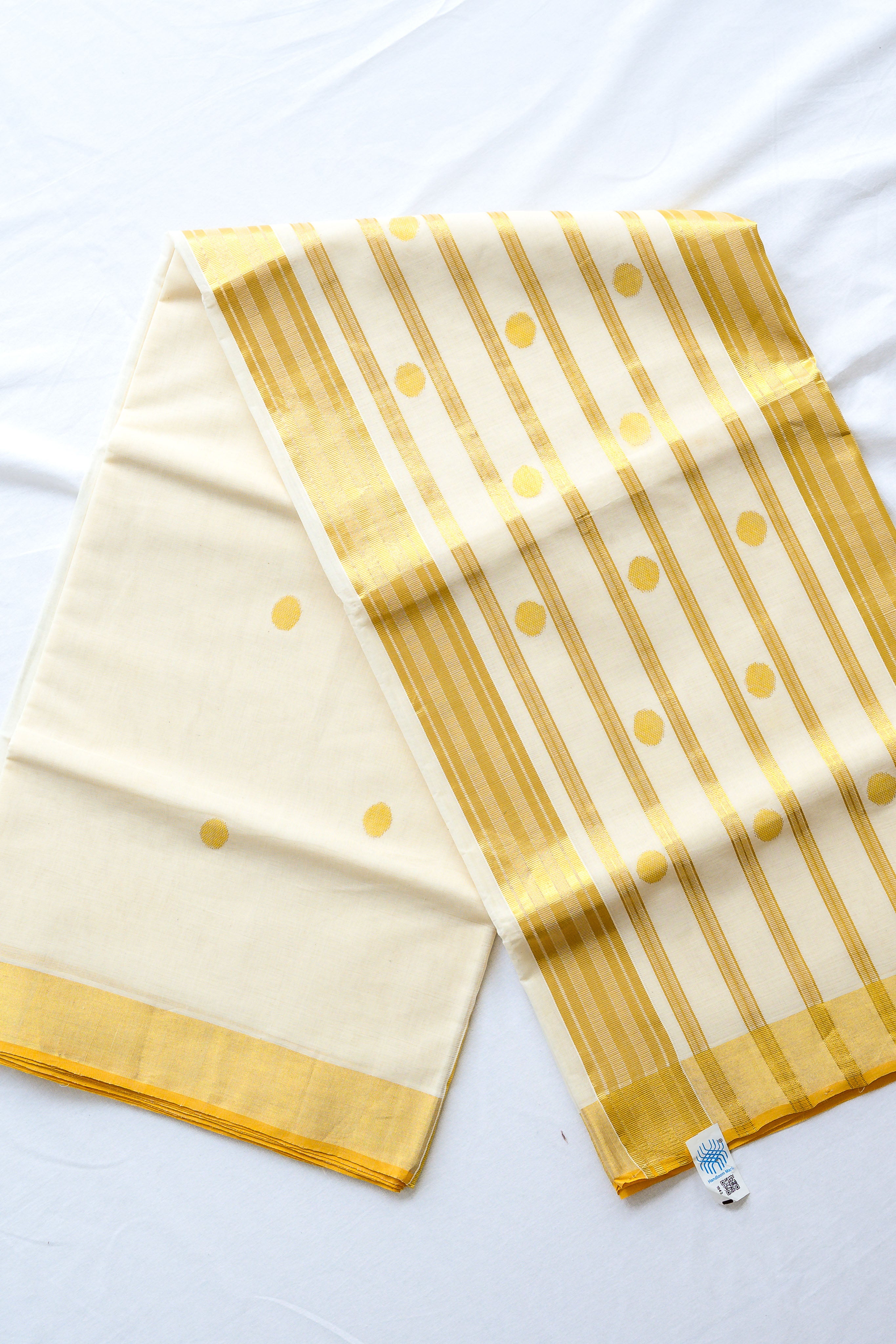 Golden Polka Lines Balaramapuram Handloom Saree with Modal Ajrakh Blouse