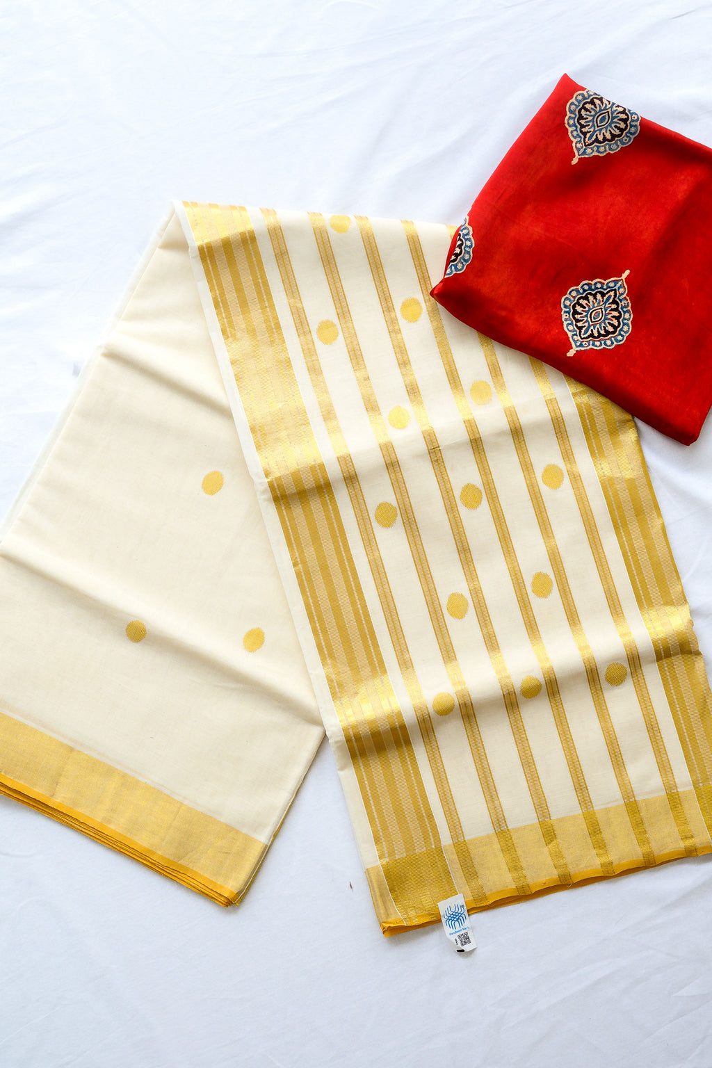 Golden Polka Lines Balaramapuram Handloom Saree with Modal Ajrakh Blouse