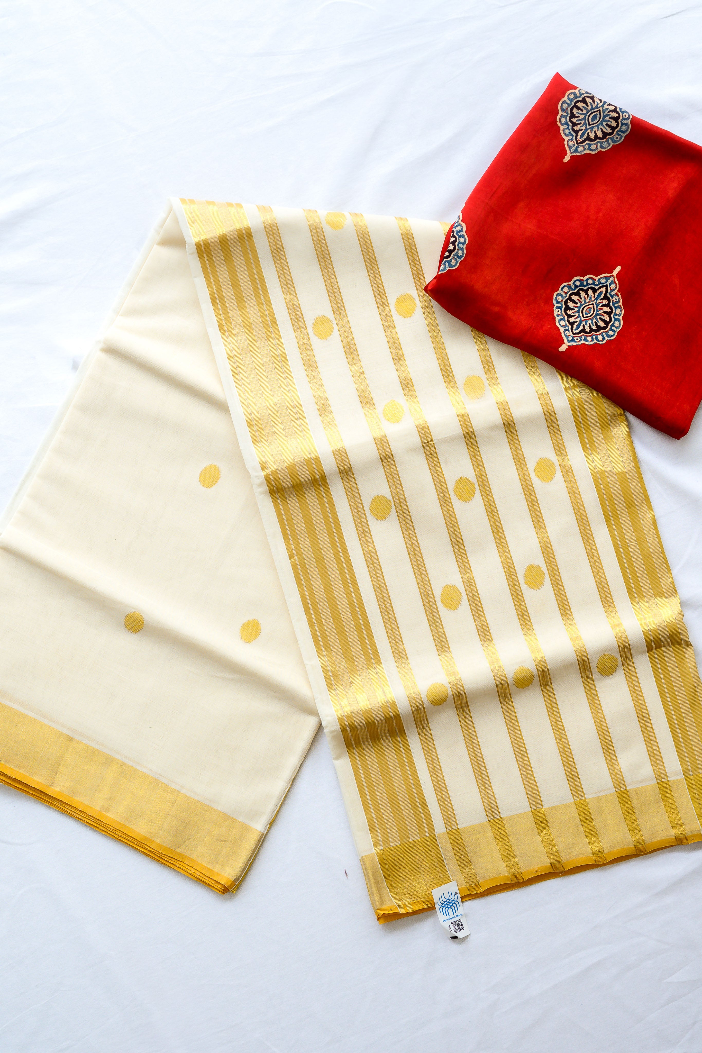 Golden Polka Lines Balaramapuram Handloom Saree with Modal Ajrakh Blouse