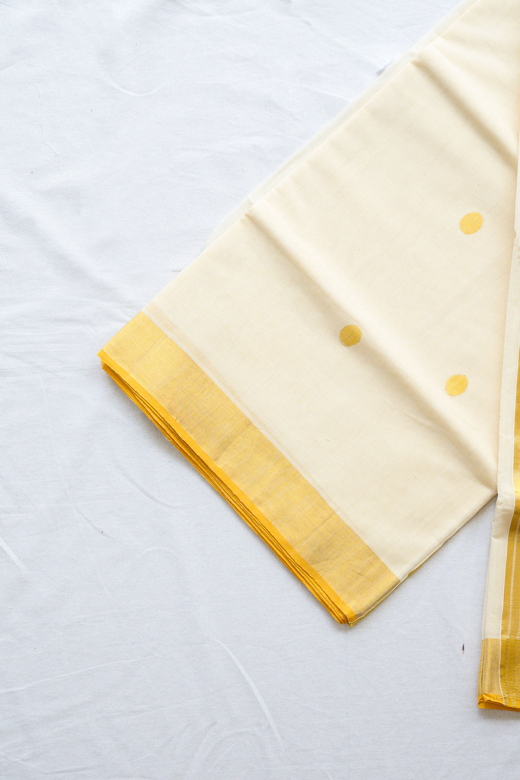 Golden Polka Lines Balaramapuram Handloom Saree with Modal Ajrakh Blouse