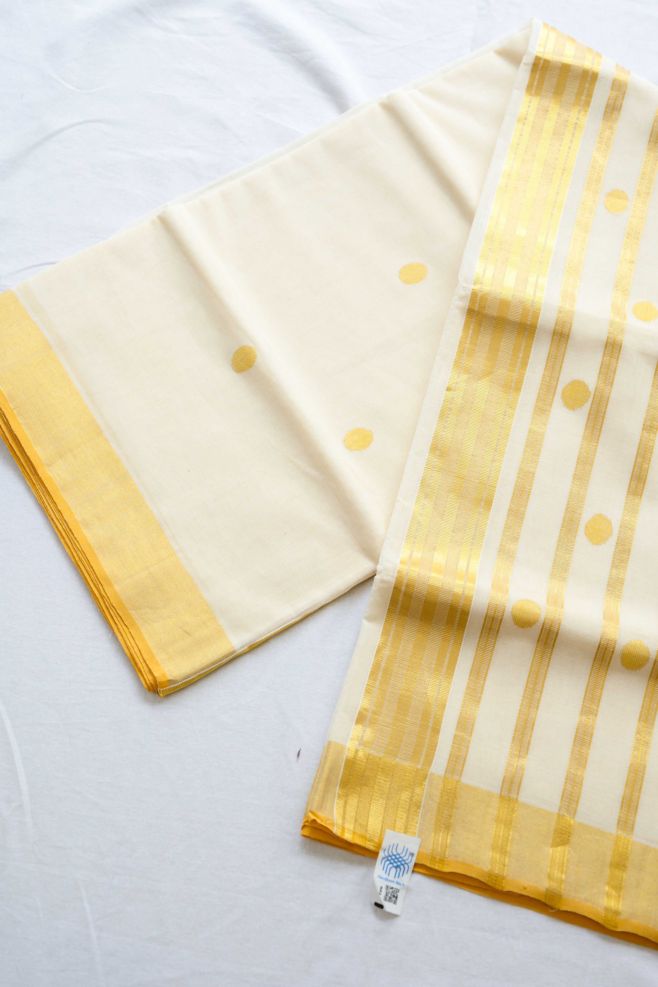 Golden Polka Lines Balaramapuram Handloom Saree with Modal Ajrakh Blouse