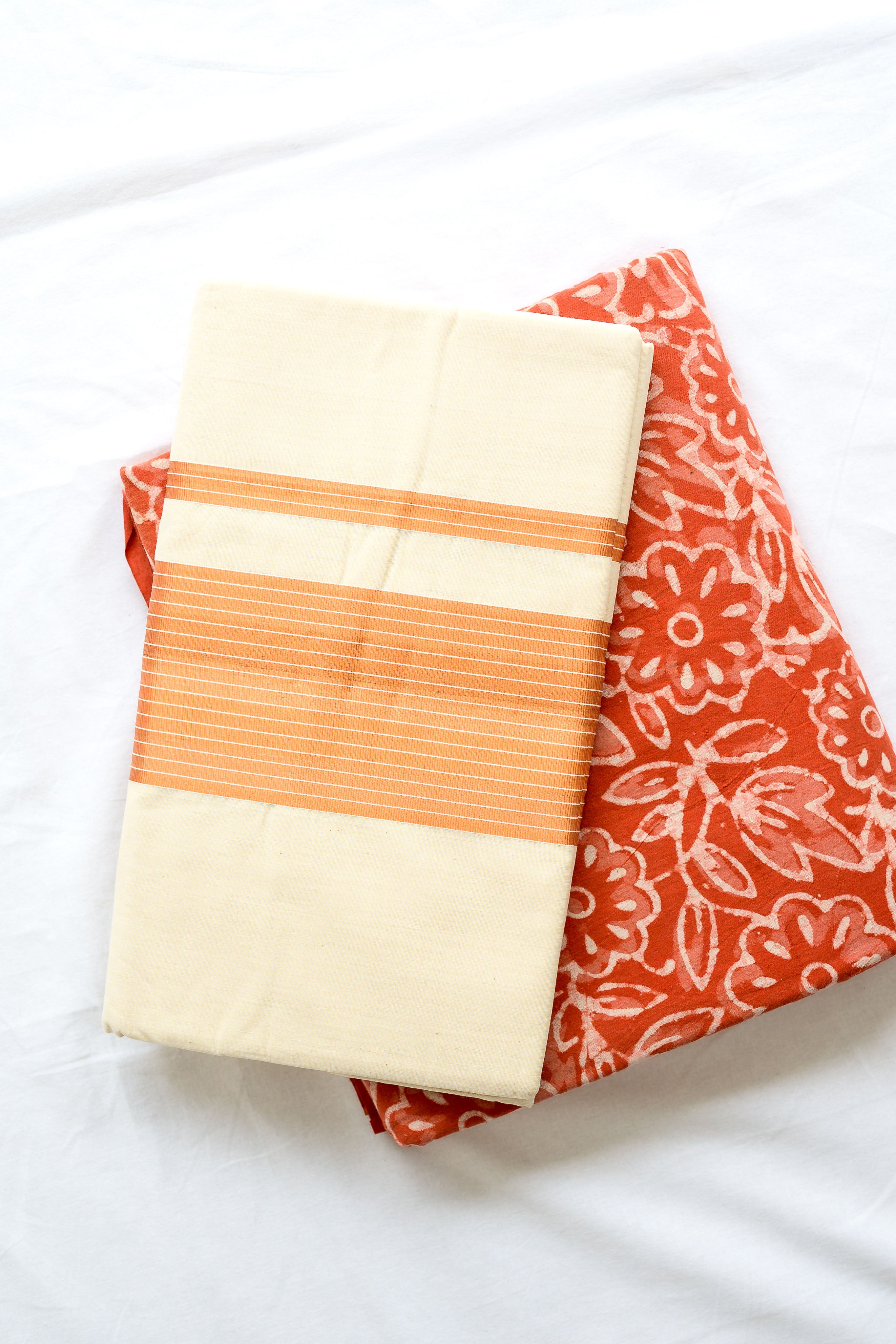 Copper Kasavu Balaramapuram Handloom Saree with Bagru Blouse