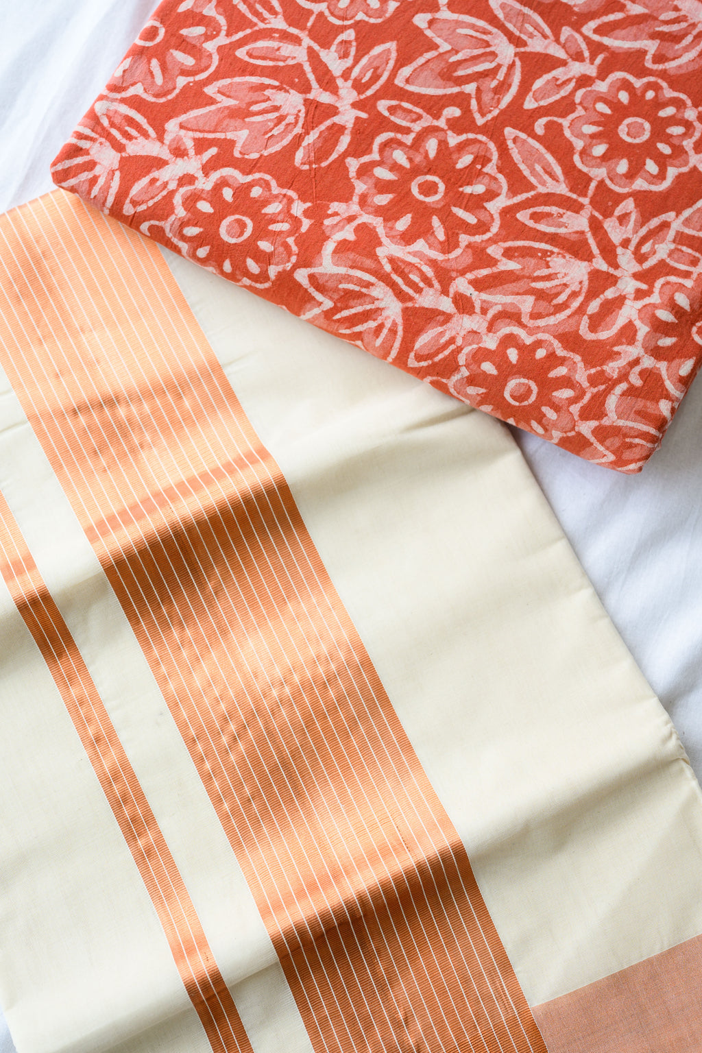 Copper Kasavu Balaramapuram Handloom Saree with Bagru Blouse