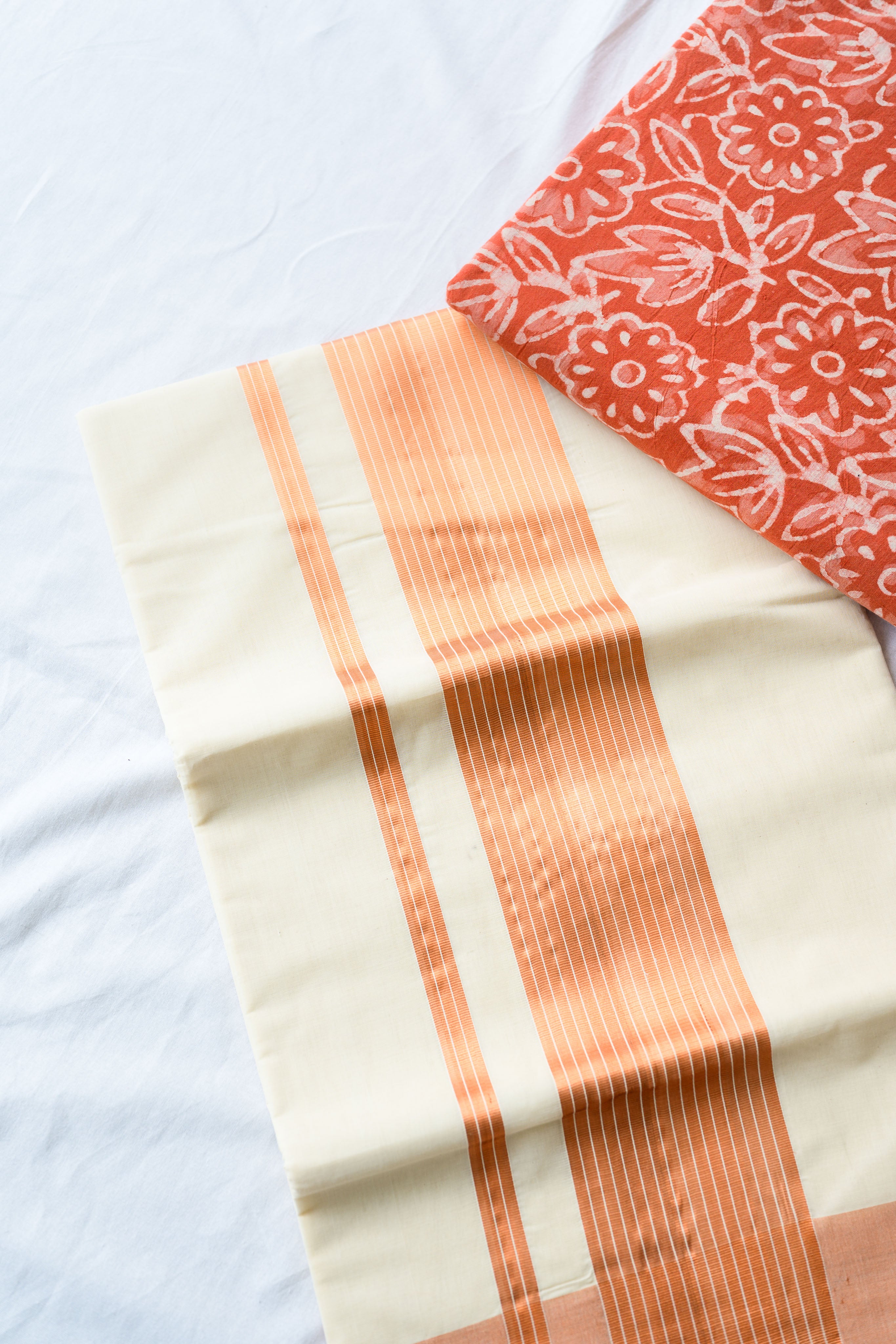 Copper Kasavu Balaramapuram Handloom Saree with Bagru Blouse