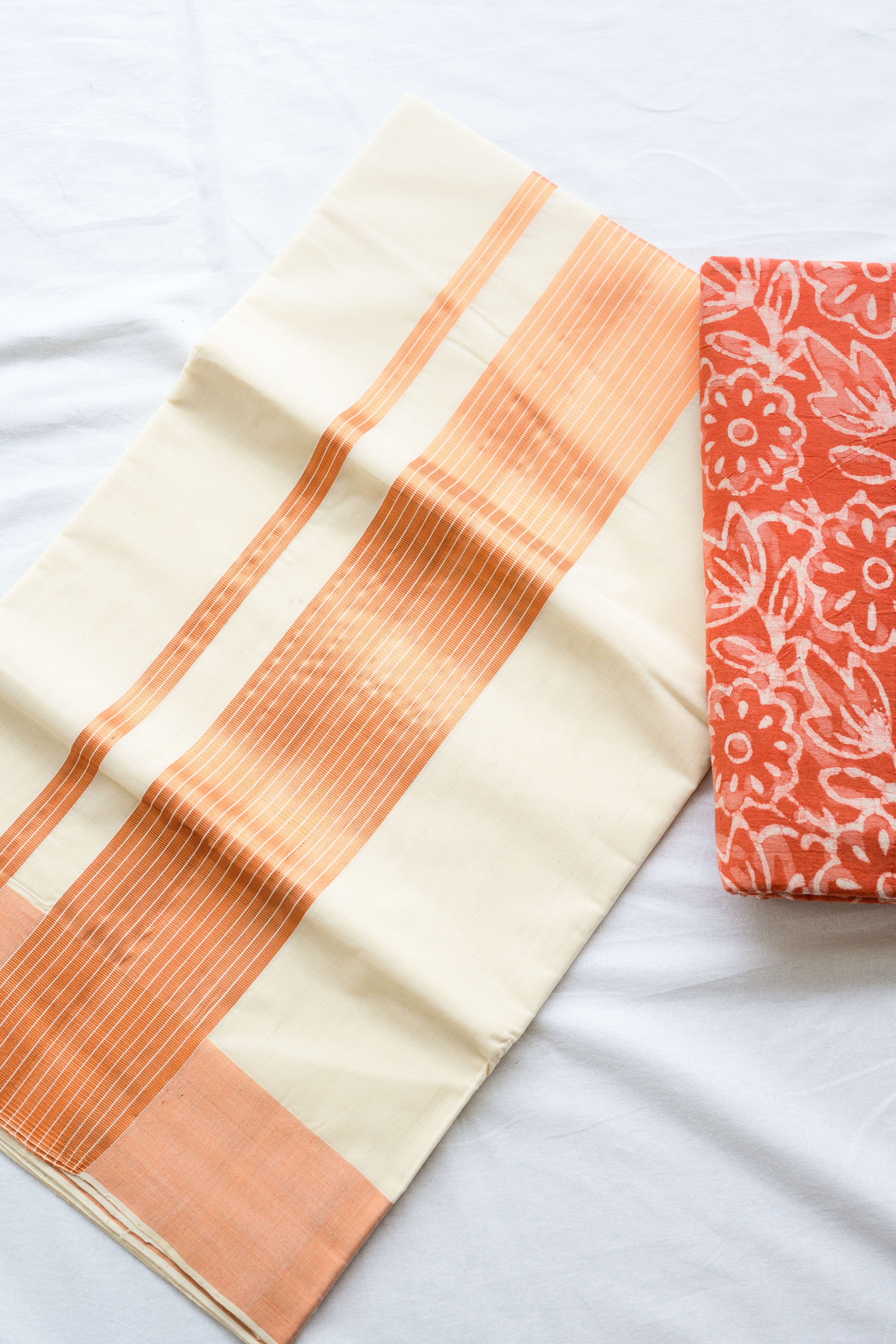 Copper Kasavu Balaramapuram Handloom Saree with Bagru Blouse