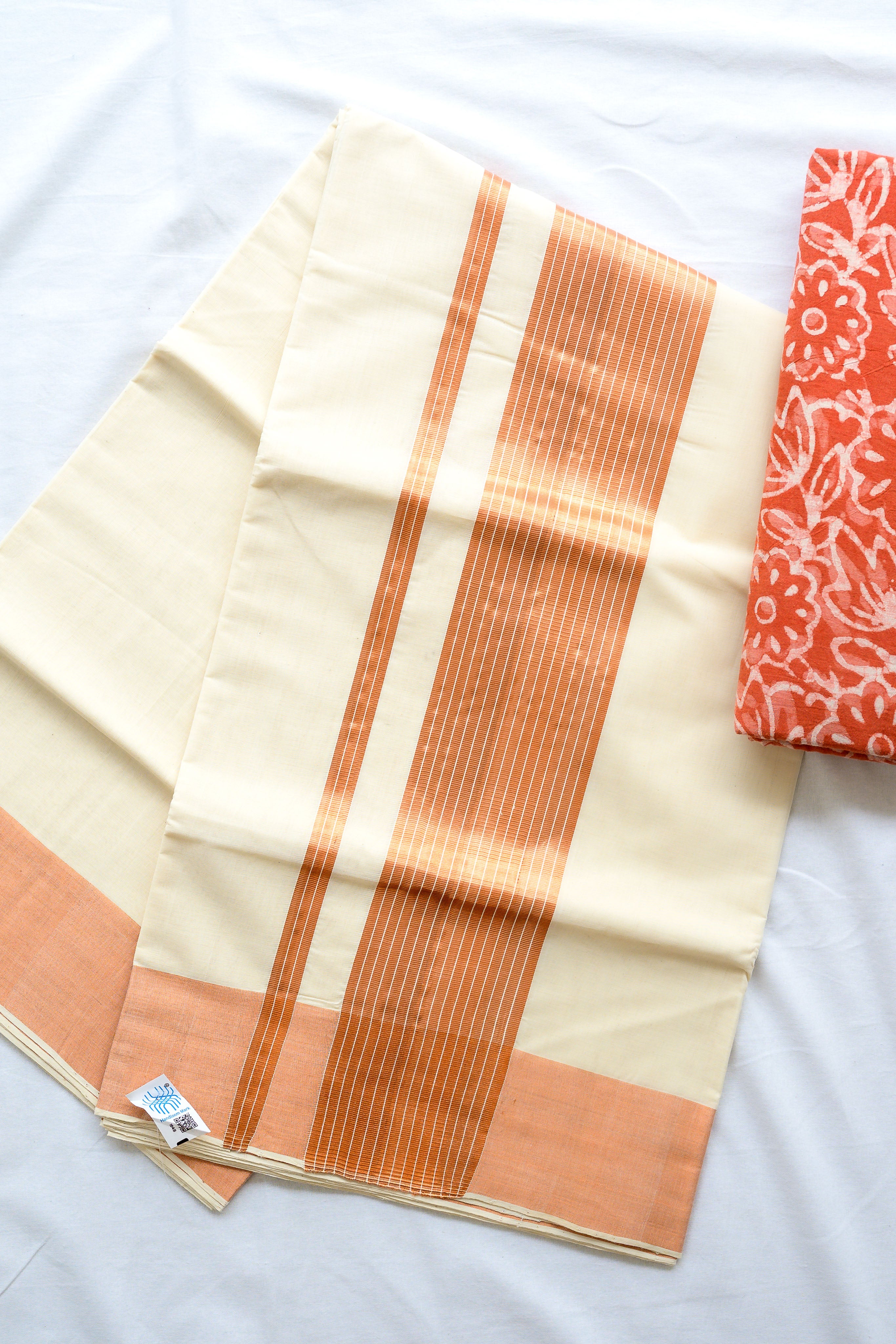 Copper Kasavu Balaramapuram Handloom Saree with Bagru Blouse