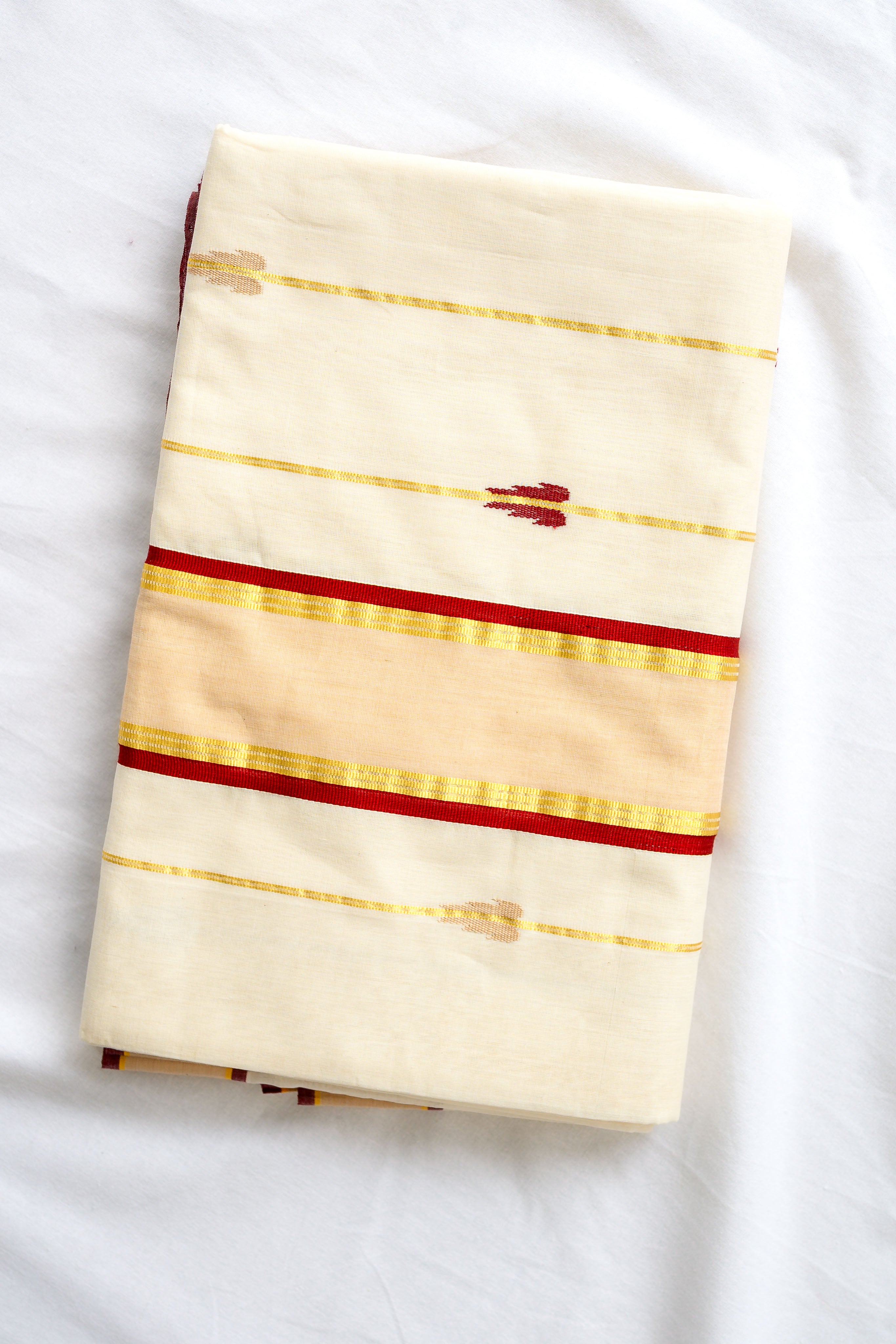 Maroon- Golden Borders and Lines Balaramapuram Handloom Saree with Ajrakh Blouse