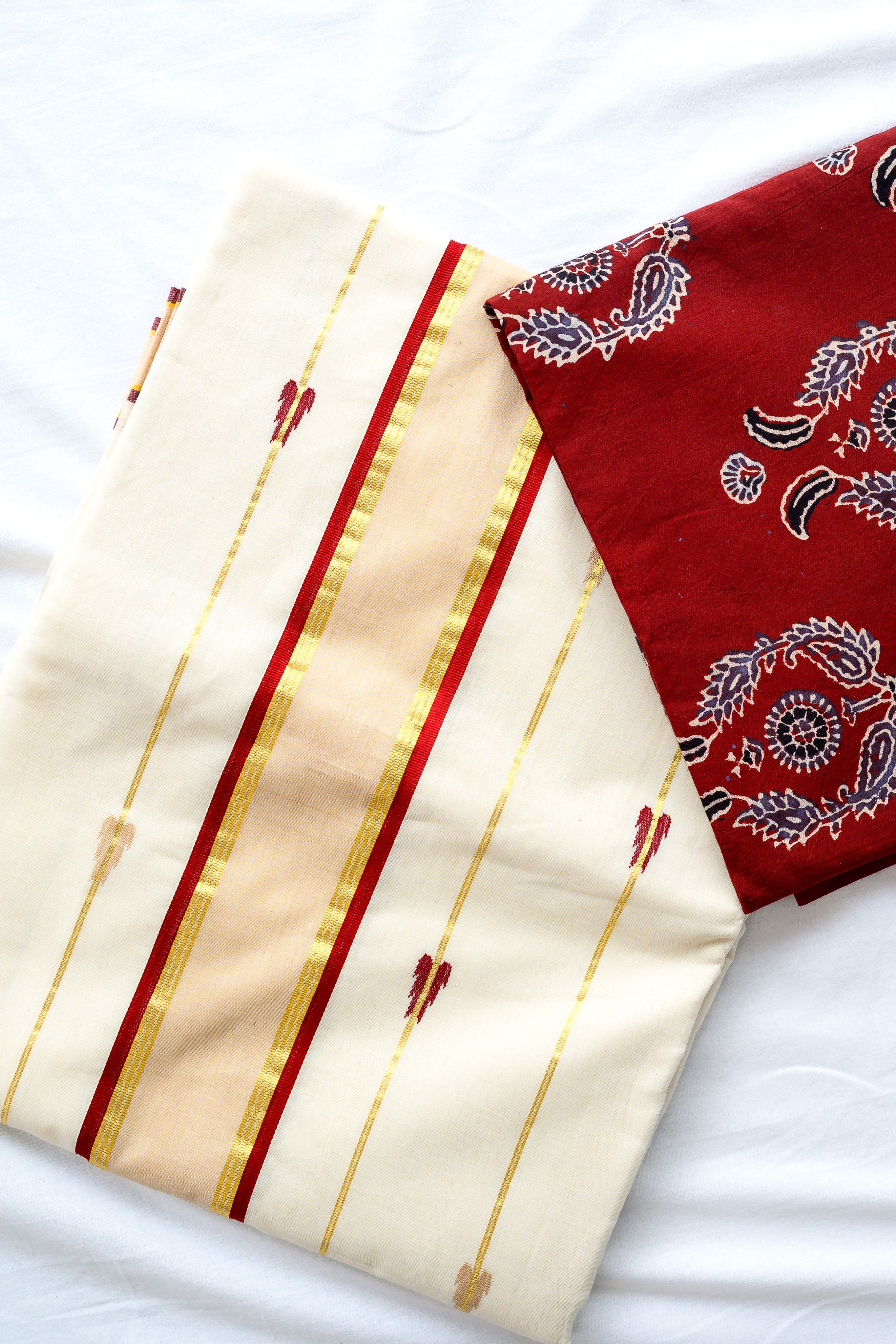 Maroon- Golden Borders and Lines Balaramapuram Handloom Saree with Ajrakh Blouse