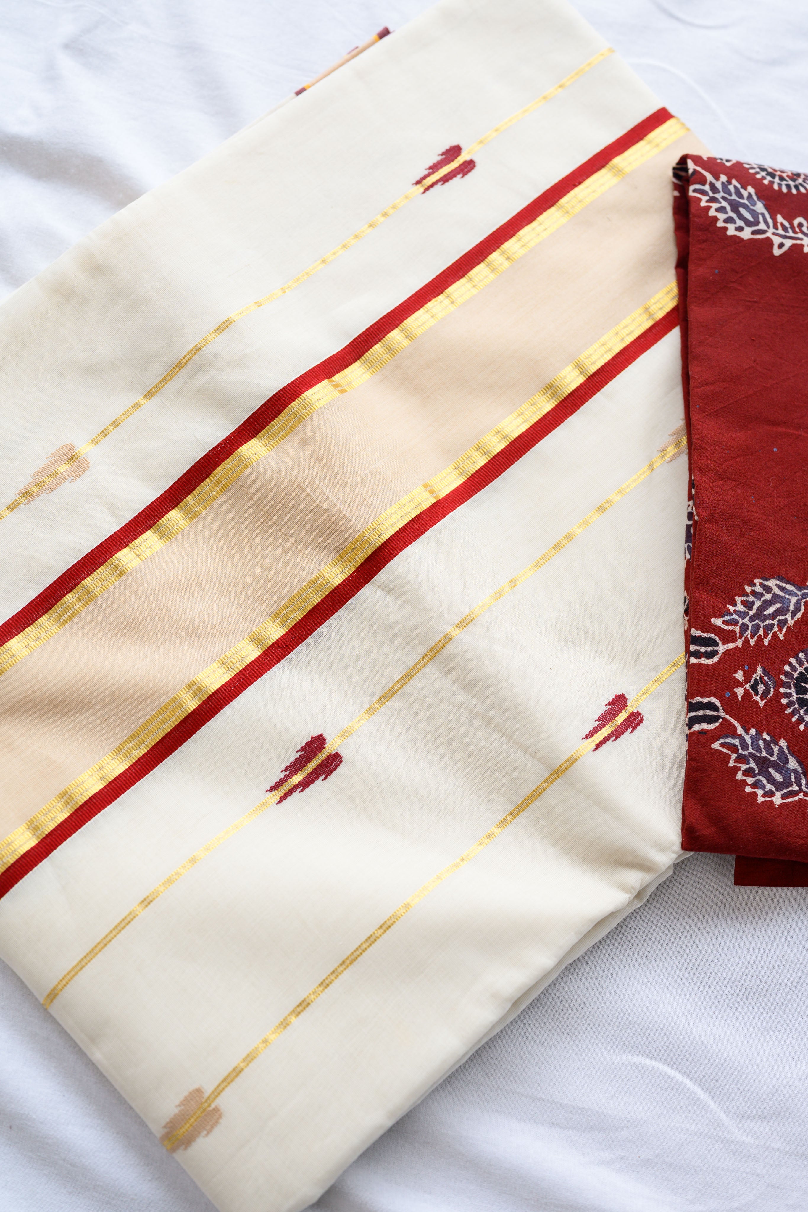 Maroon- Golden Borders and Lines Balaramapuram Handloom Saree with Ajrakh Blouse