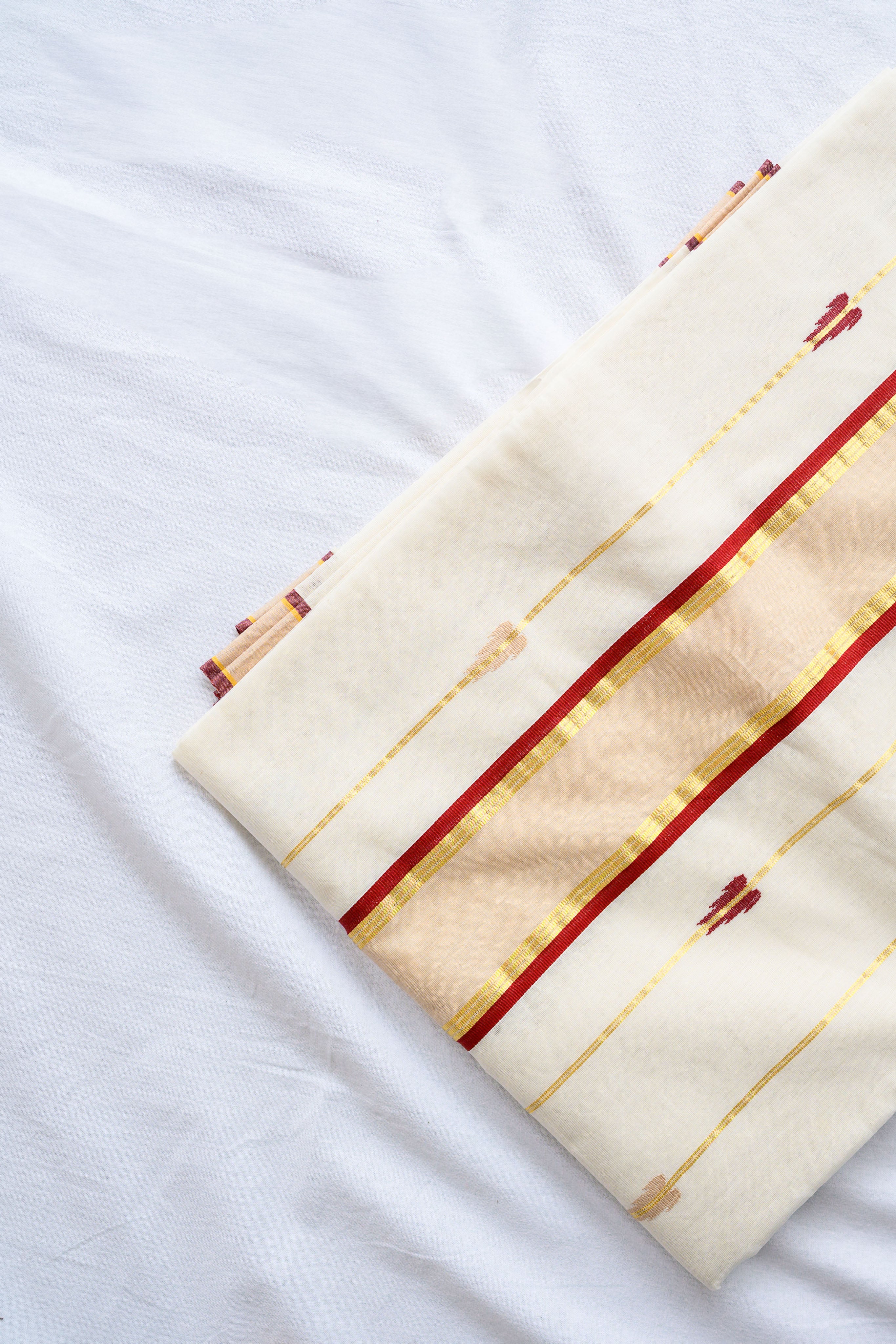 Maroon- Golden Borders and Lines Balaramapuram Handloom Saree with Ajrakh Blouse