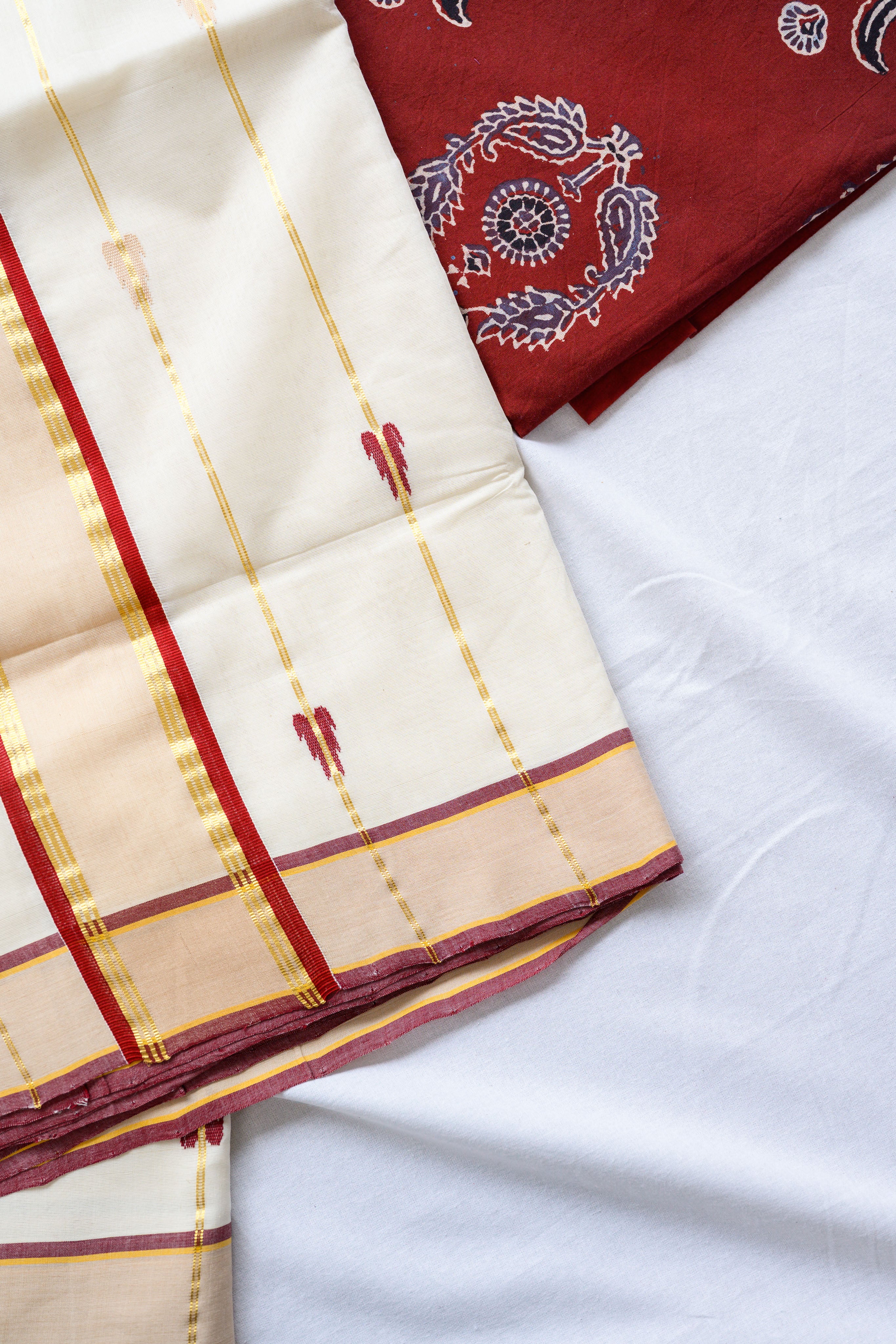 Maroon- Golden Borders and Lines Balaramapuram Handloom Saree with Ajrakh Blouse