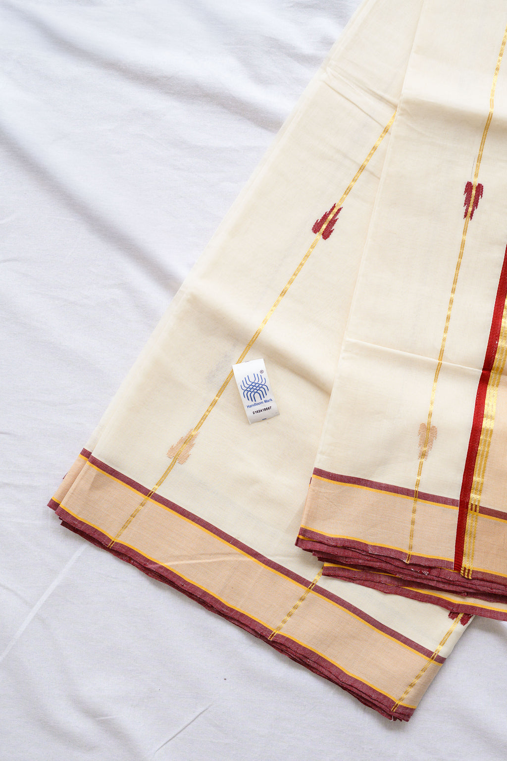 Maroon- Golden Borders and Lines Balaramapuram Handloom Saree with Ajrakh Blouse