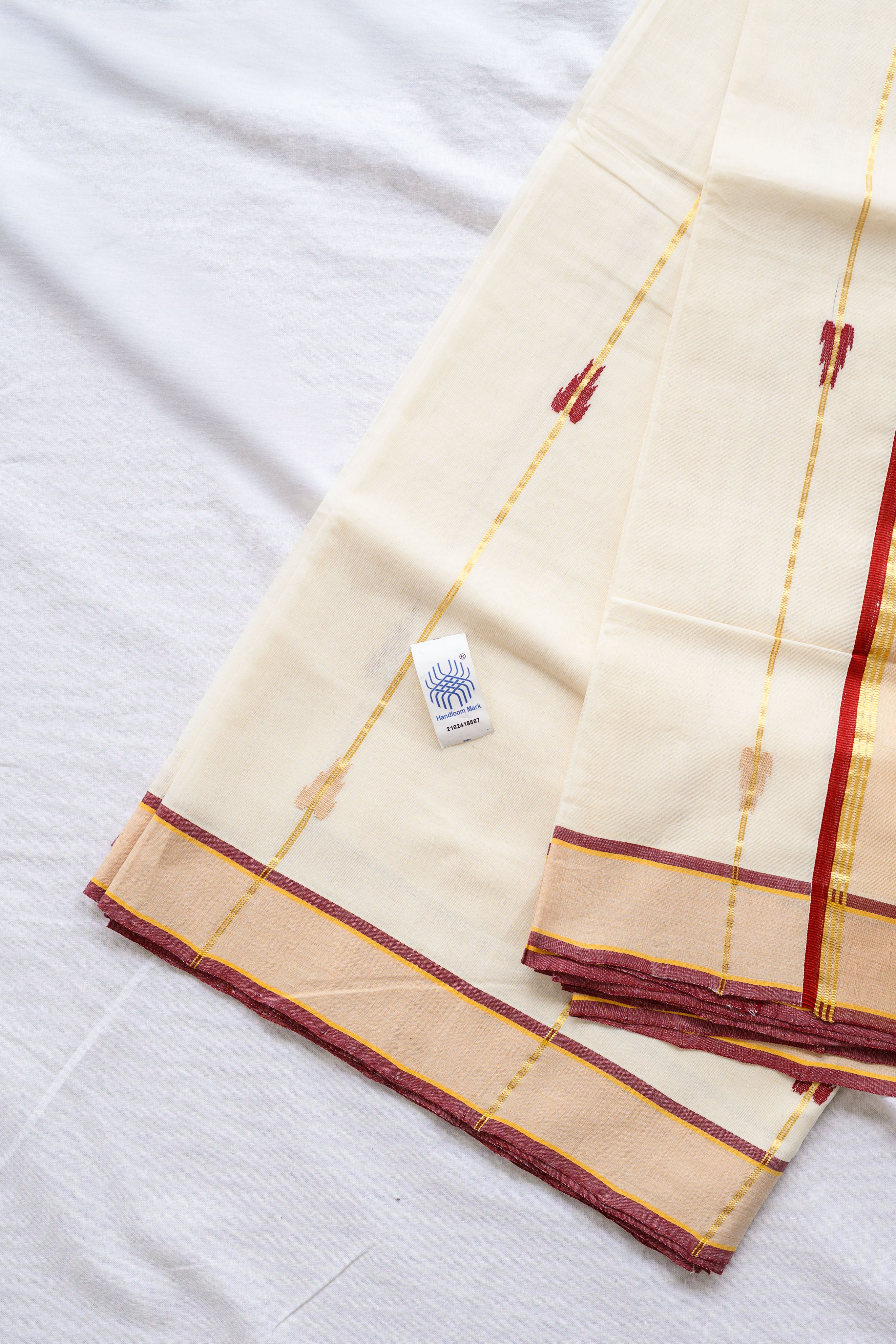 Maroon- Golden Borders and Lines Balaramapuram Handloom Saree with Ajrakh Blouse