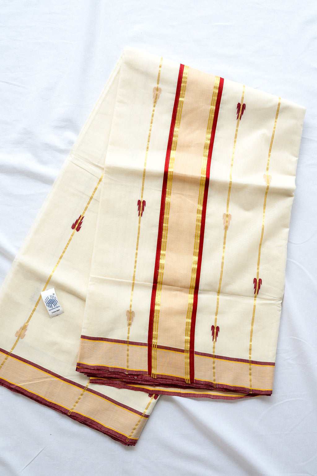 Maroon- Golden Borders and Lines Balaramapuram Handloom Saree with Ajrakh Blouse