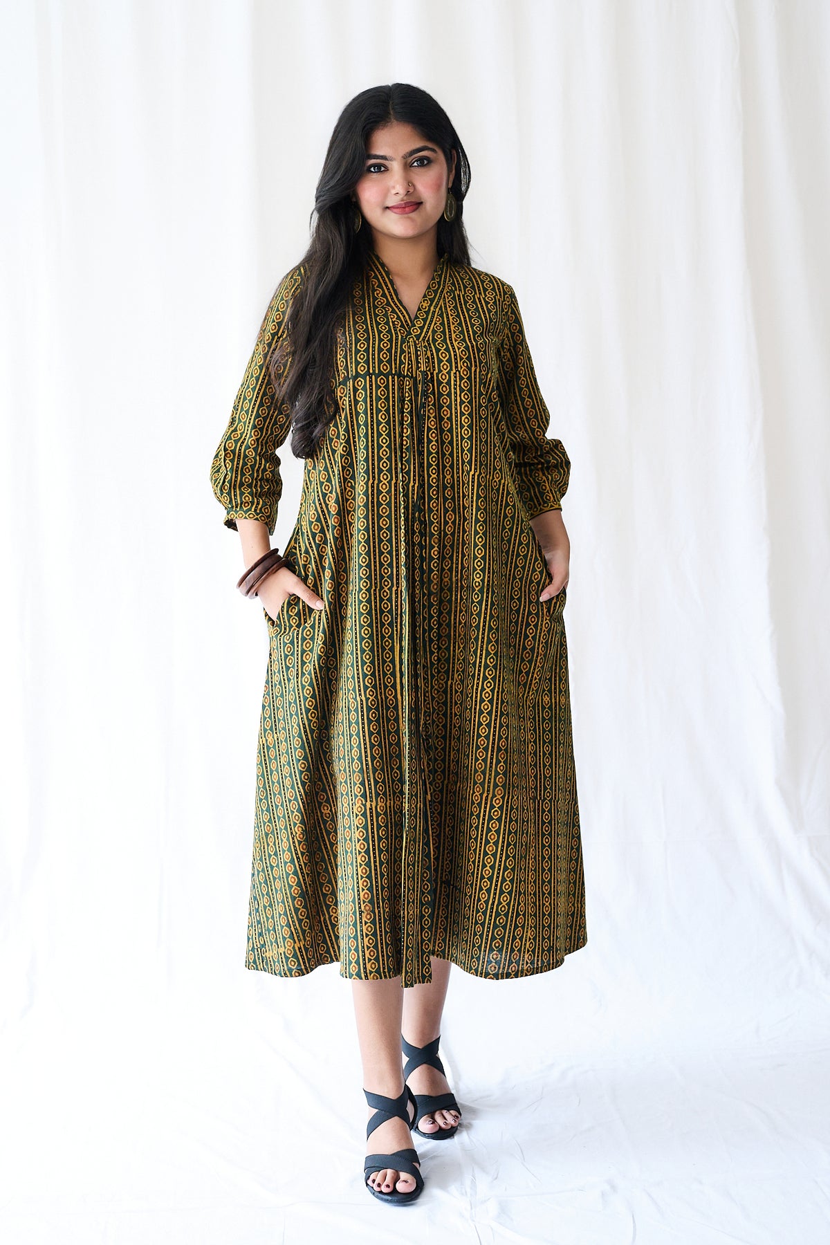 Resha Green Pearl Stripes Ajrakh Dress