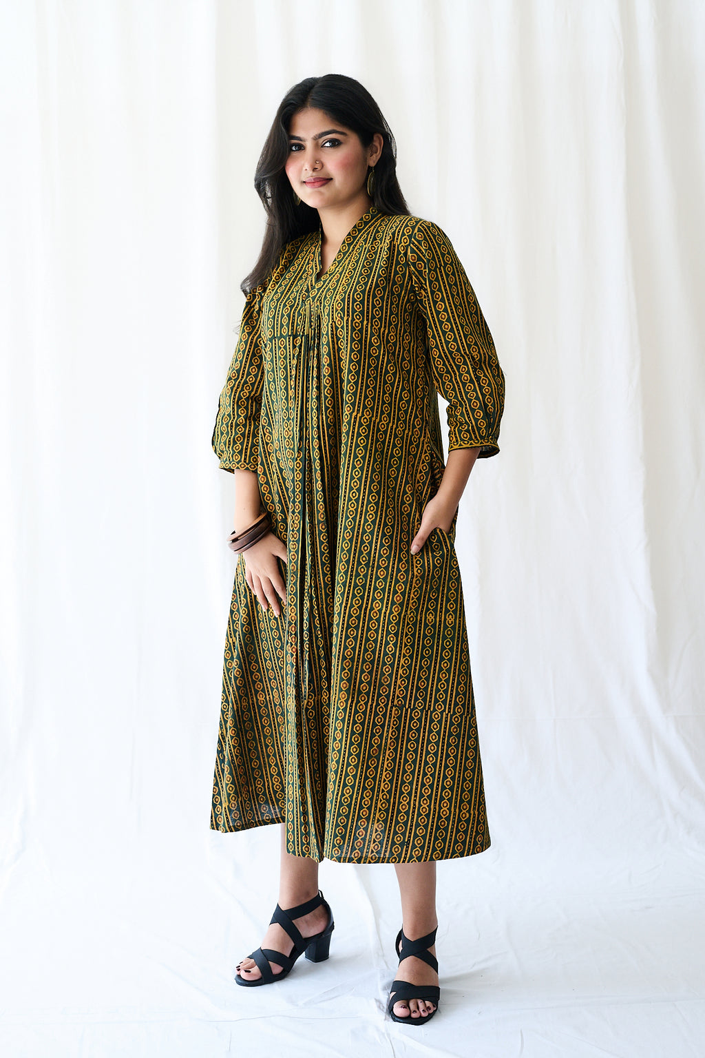 Resha Green Pearl Stripes Ajrakh Dress
