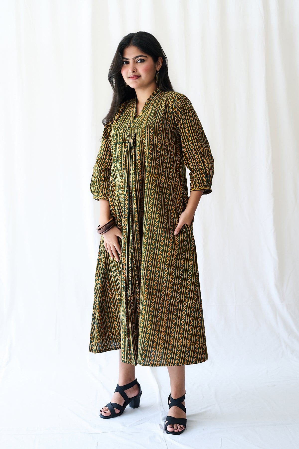Resha Green Pearl Stripes Ajrakh Dress