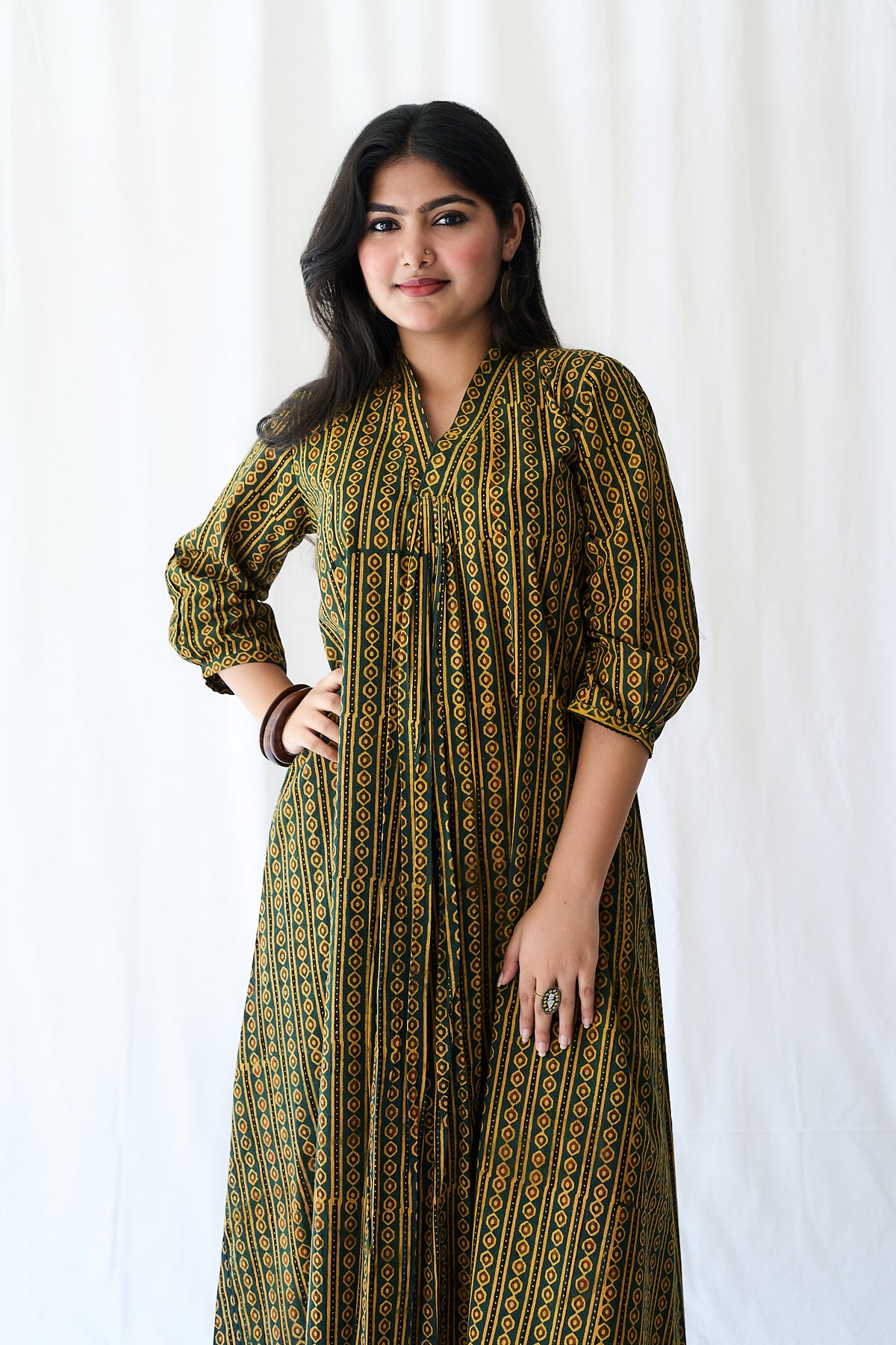 Resha Green Pearl Stripes Ajrakh Dress