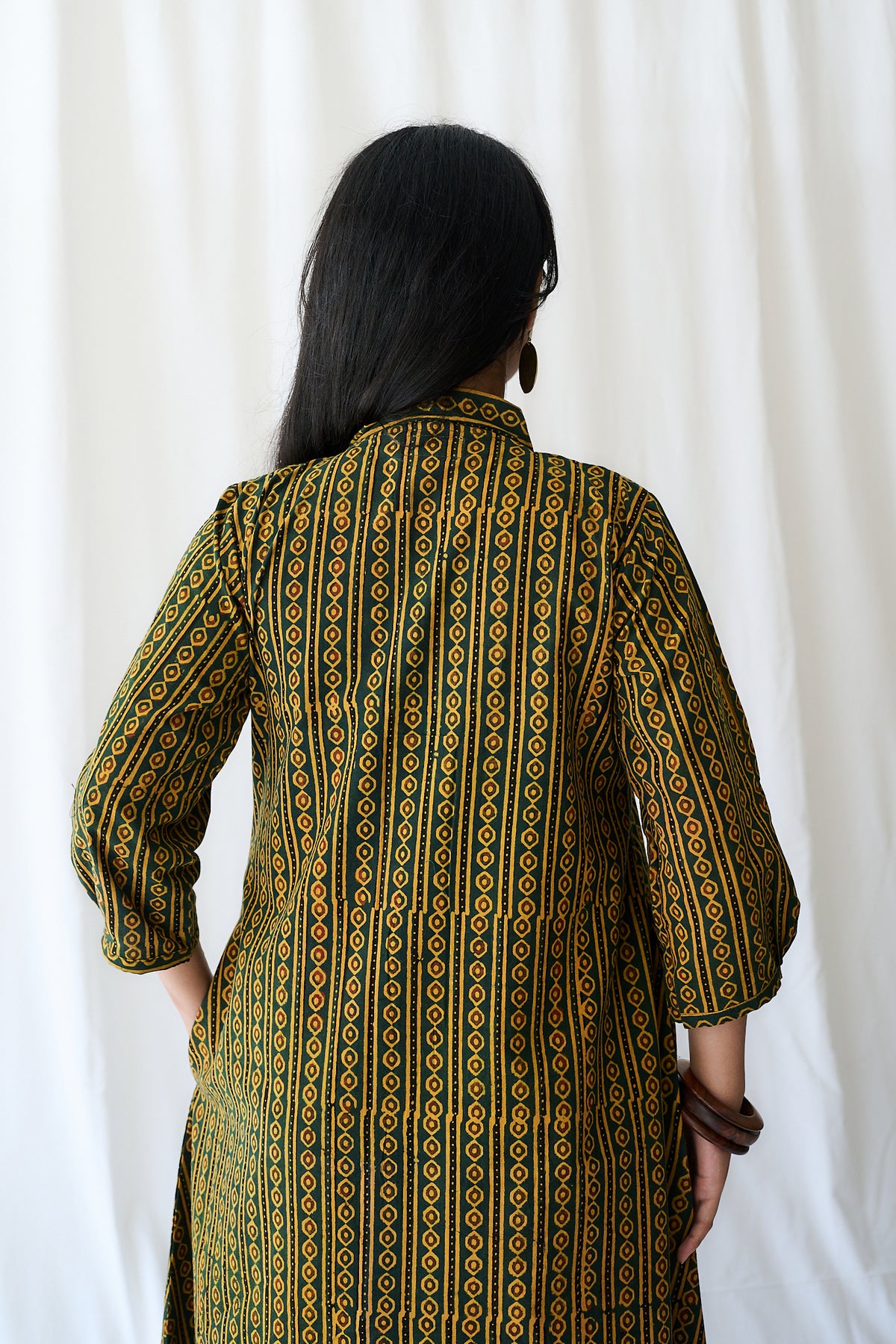 Resha Green Pearl Stripes Ajrakh Dress