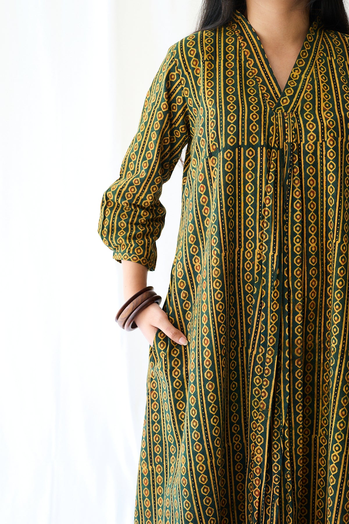 Resha Green Pearl Stripes Ajrakh Dress
