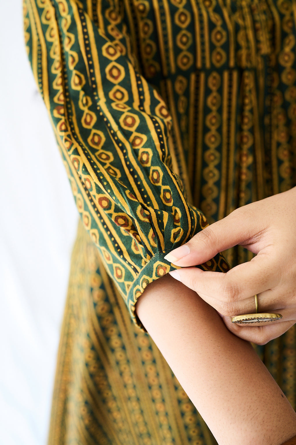 Resha Green Pearl Stripes Ajrakh Dress