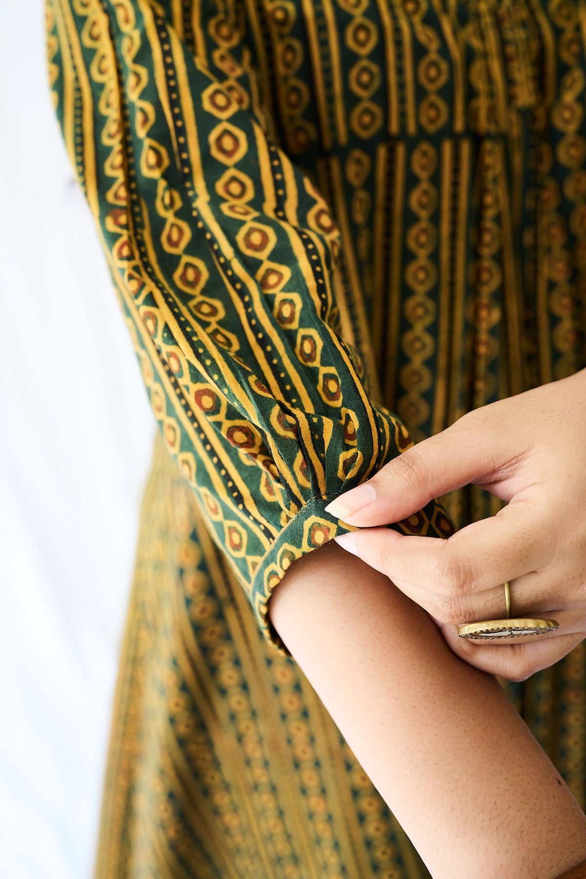 Resha Green Pearl Stripes Ajrakh Dress