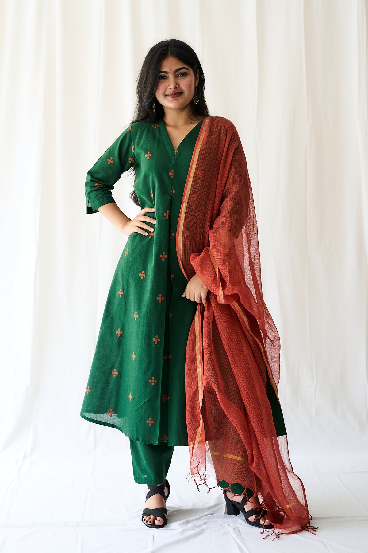 Set of 2- Mireya Bottle Green South Cotton Kurta & Pants Set