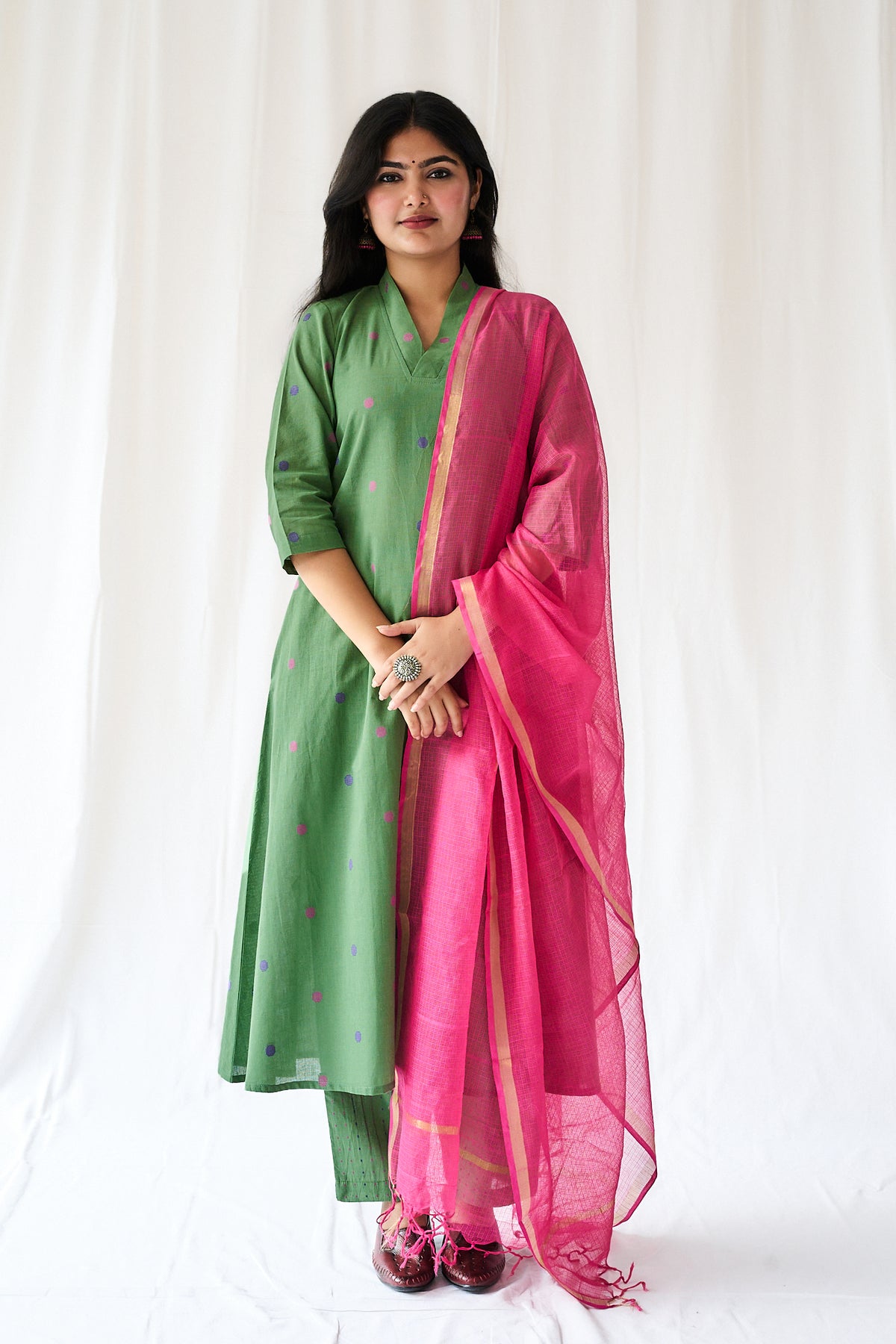 Set of 2- Ishira Green South Cotton Kurta & Pants Set