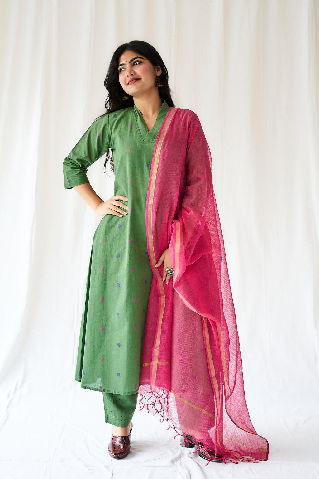 Set of 2- Ishira Green South Cotton Kurta & Pants Set
