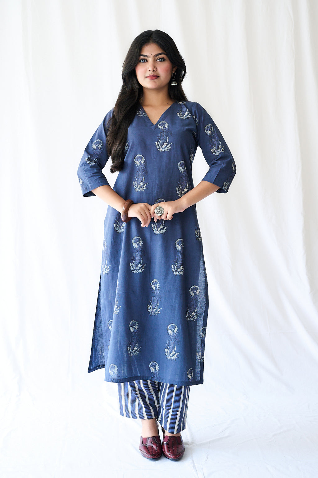Set of 2- Meher Dusty Blue Dabu Cotton Kurta & Pants Set