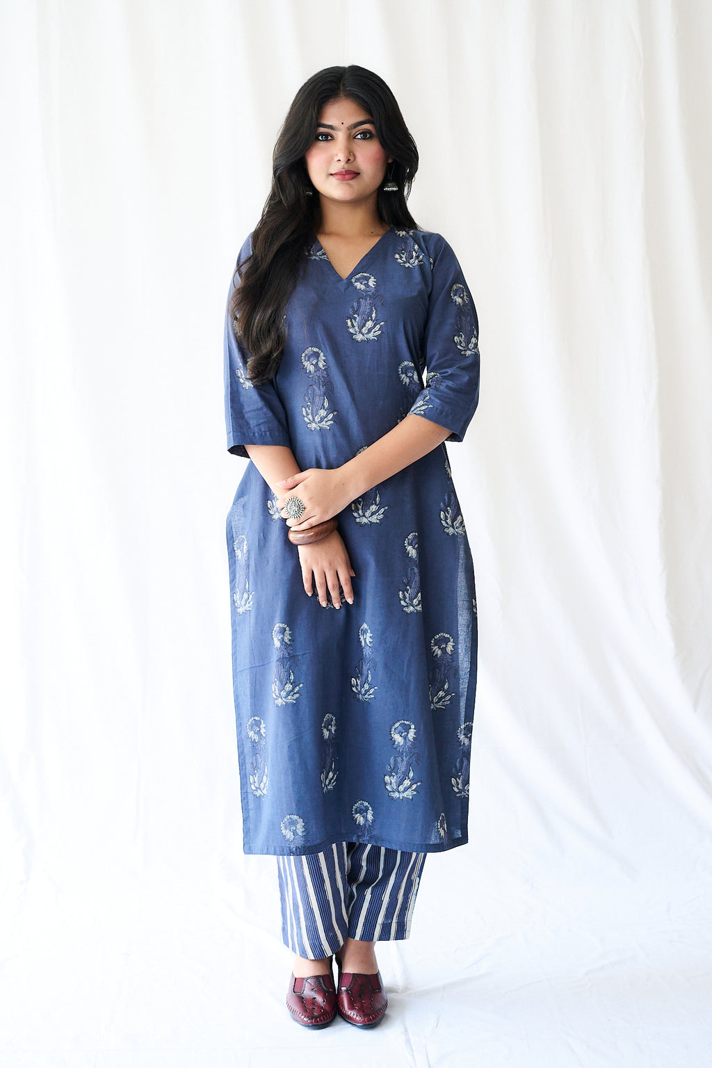 Set of 2- Meher Dusty Blue Dabu Cotton Kurta & Pants Set