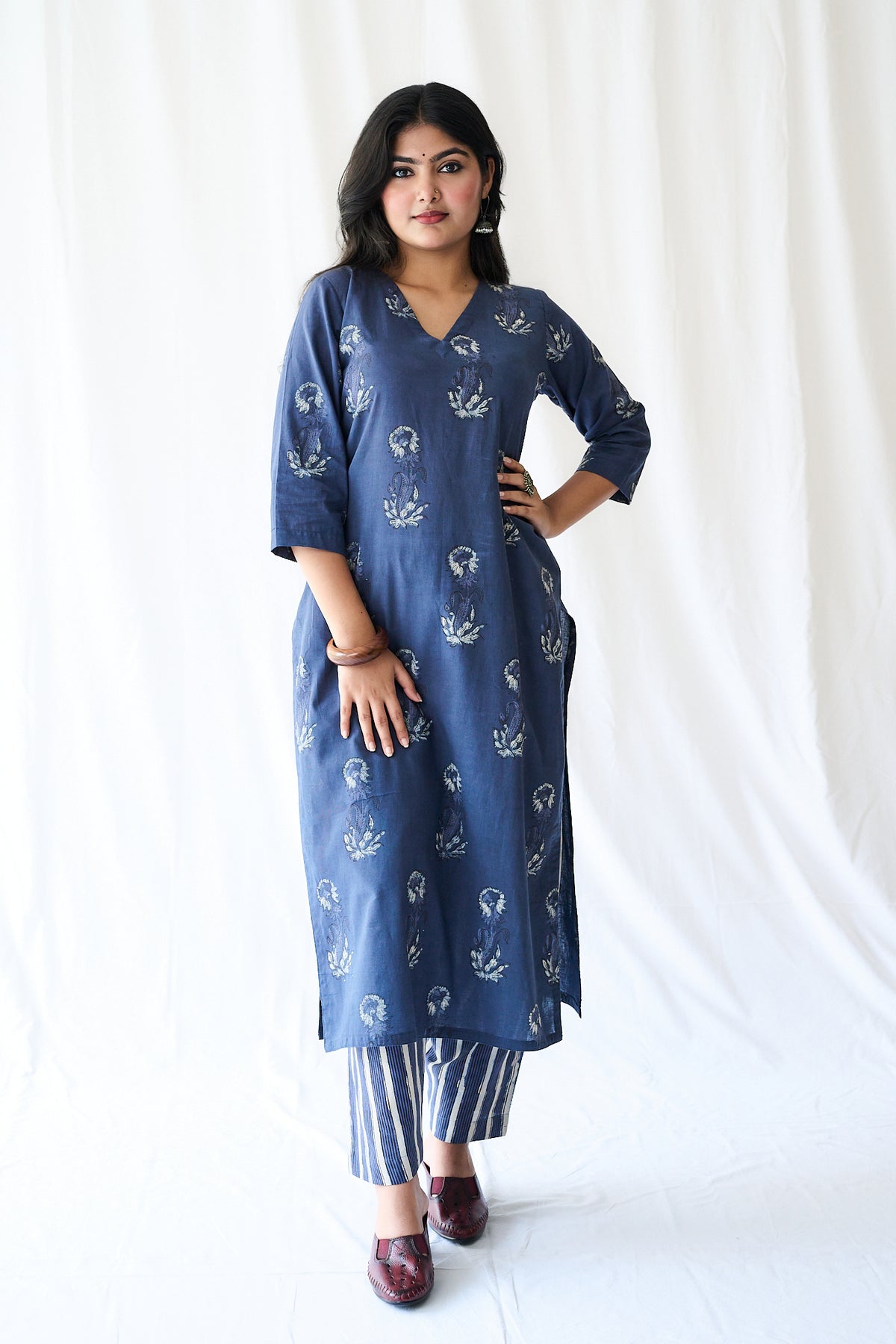 Set of 2- Meher Dusty Blue Dabu Cotton Kurta & Pants Set