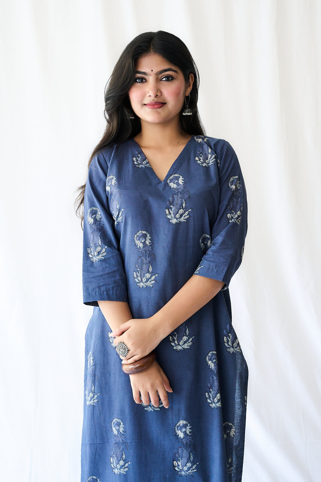 Set of 2- Meher Dusty Blue Dabu Cotton Kurta & Pants Set