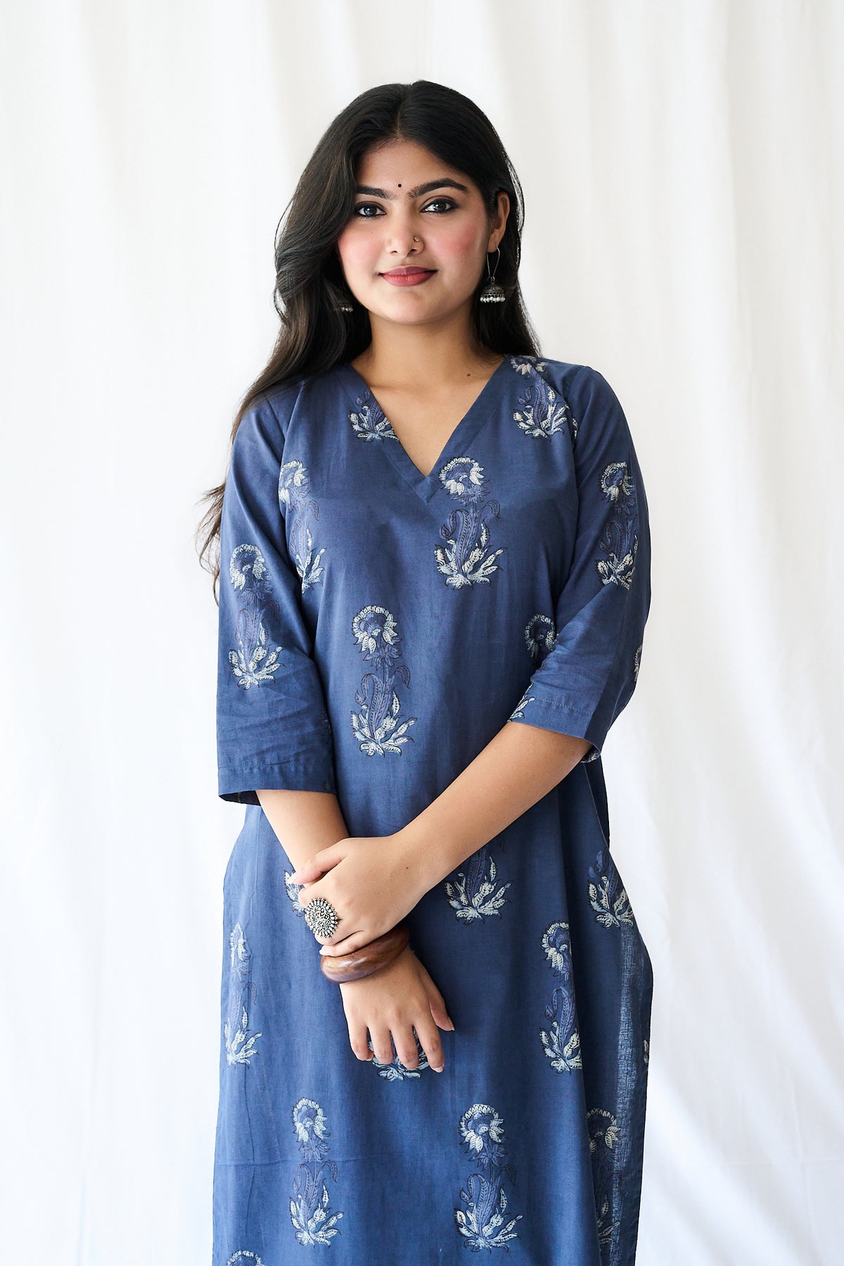 Set of 2- Meher Dusty Blue Dabu Cotton Kurta & Pants Set