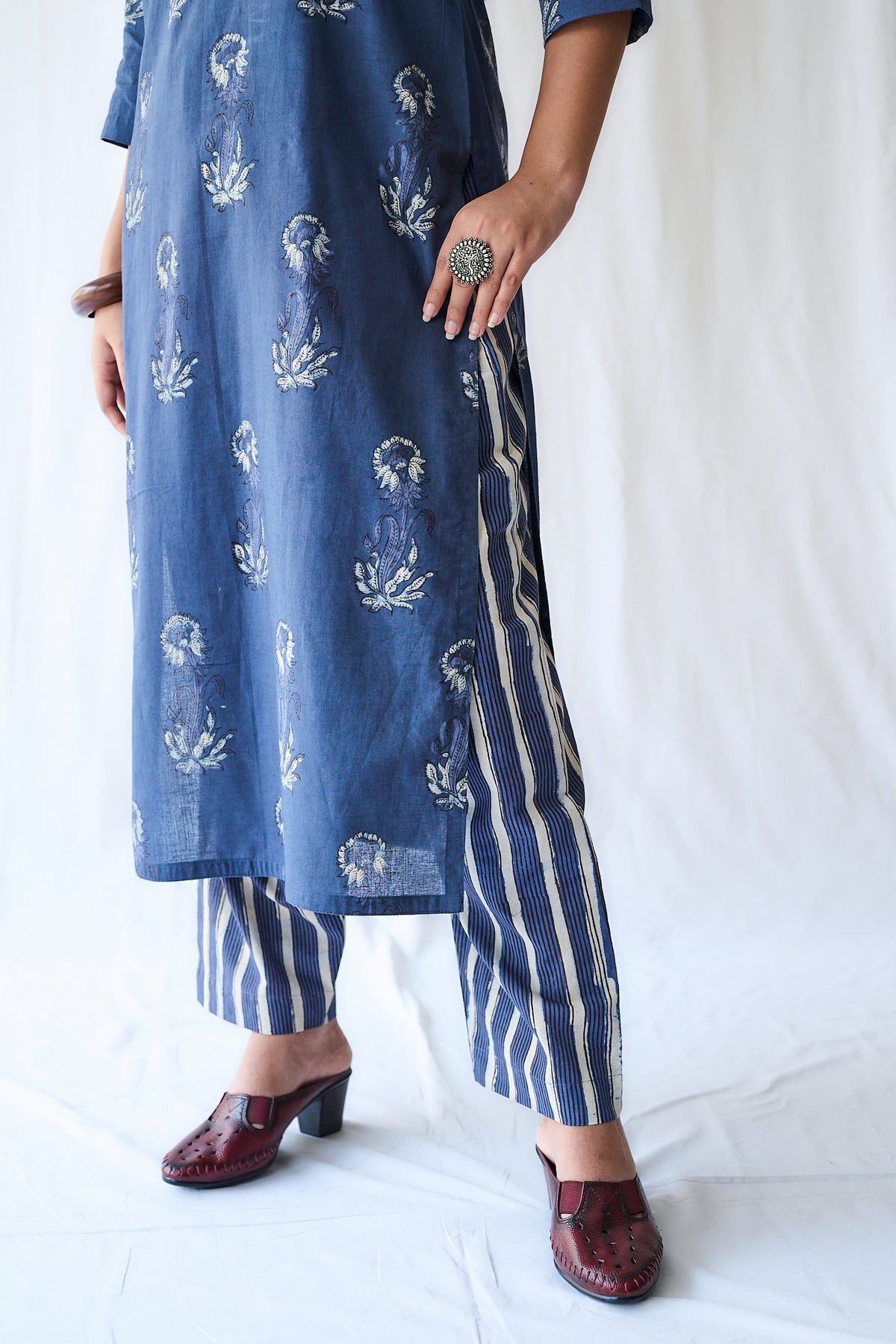 Set of 2- Meher Dusty Blue Dabu Cotton Kurta & Pants Set