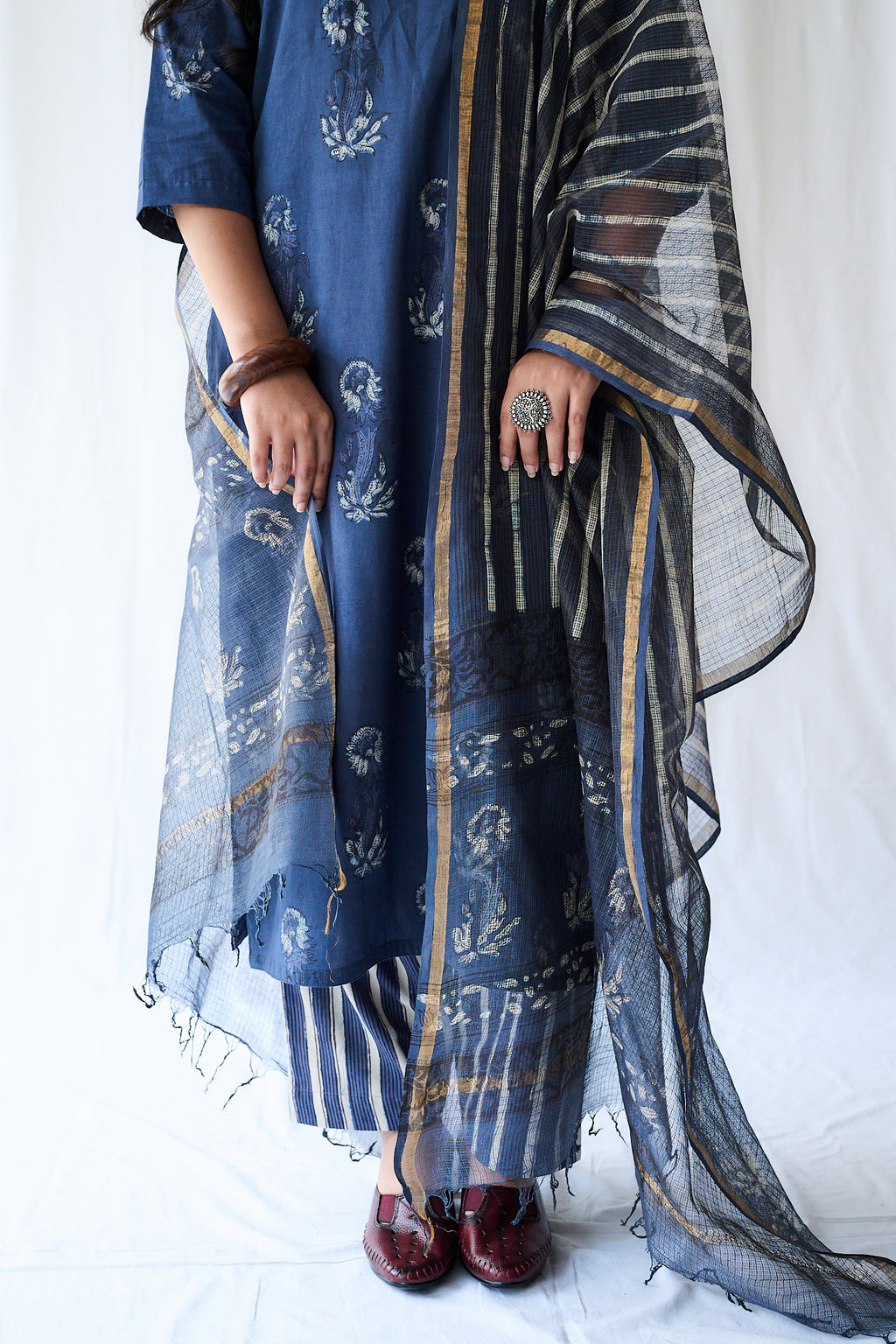 Meher Dusty Blue Dabu Kota Doria Dupatta