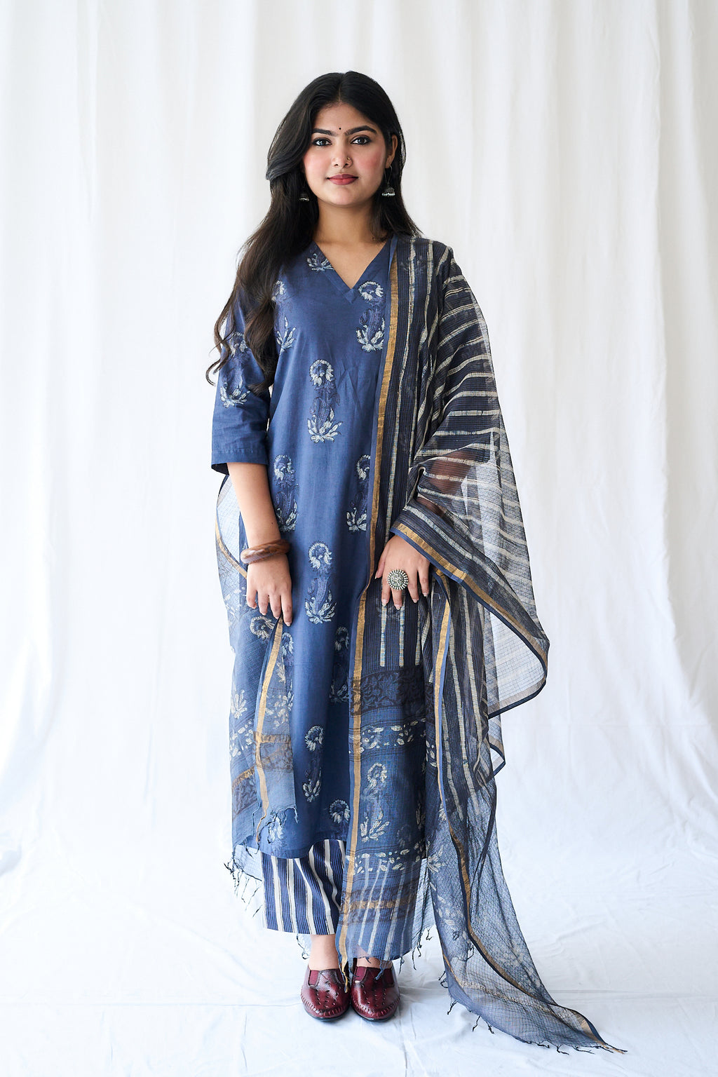 Meher Dusty Blue Dabu Kota Doria Dupatta