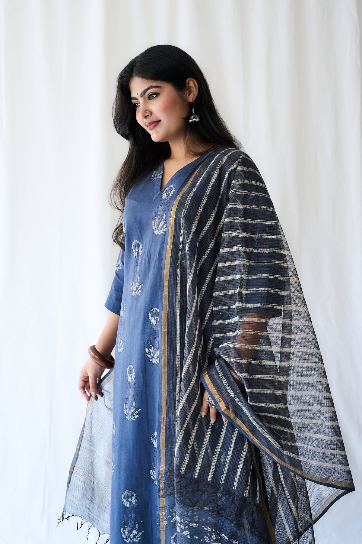 Meher Dusty Blue Dabu Kota Doria Dupatta