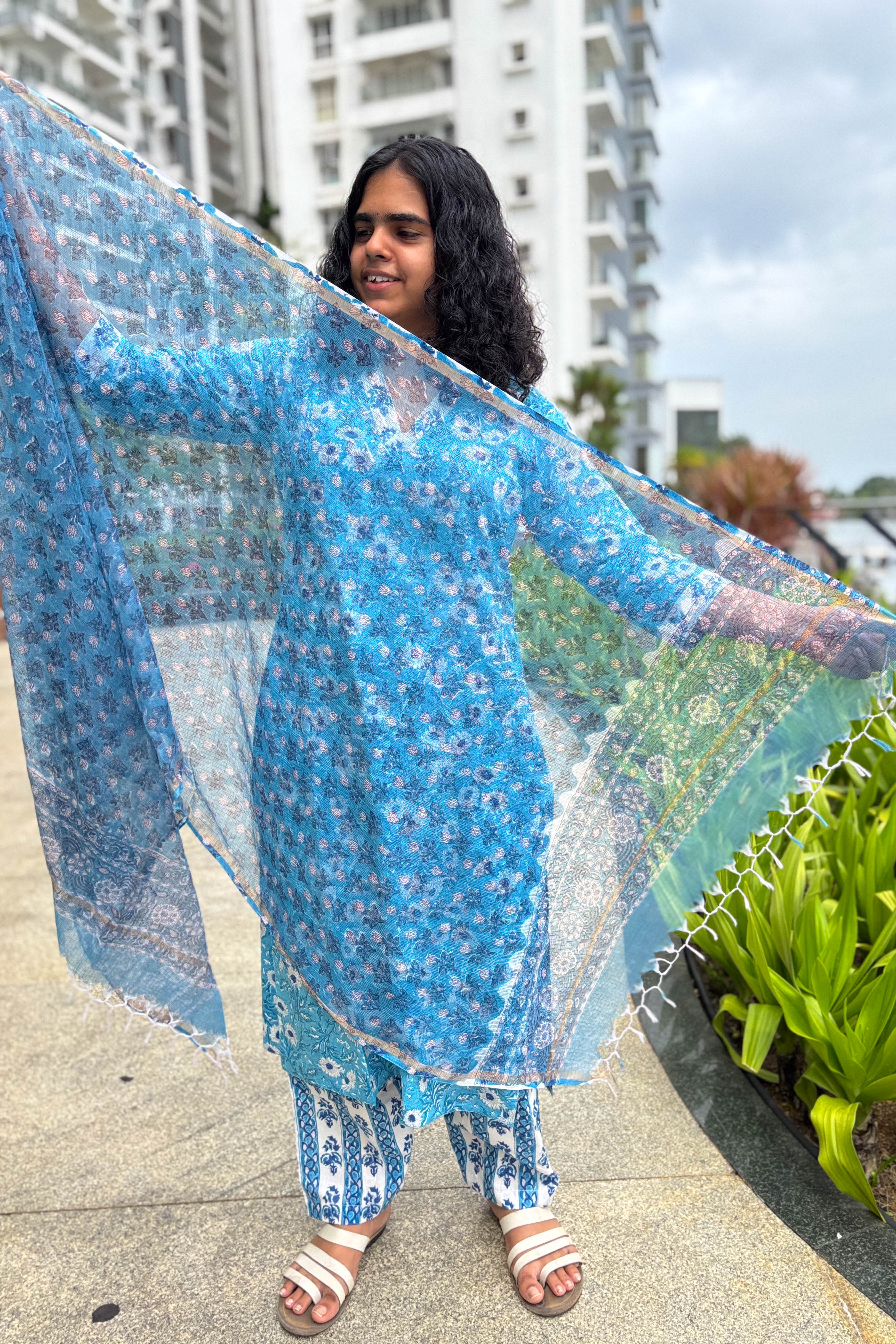 Sorai Sanganeri Handprinted Kota Doria Dupatta