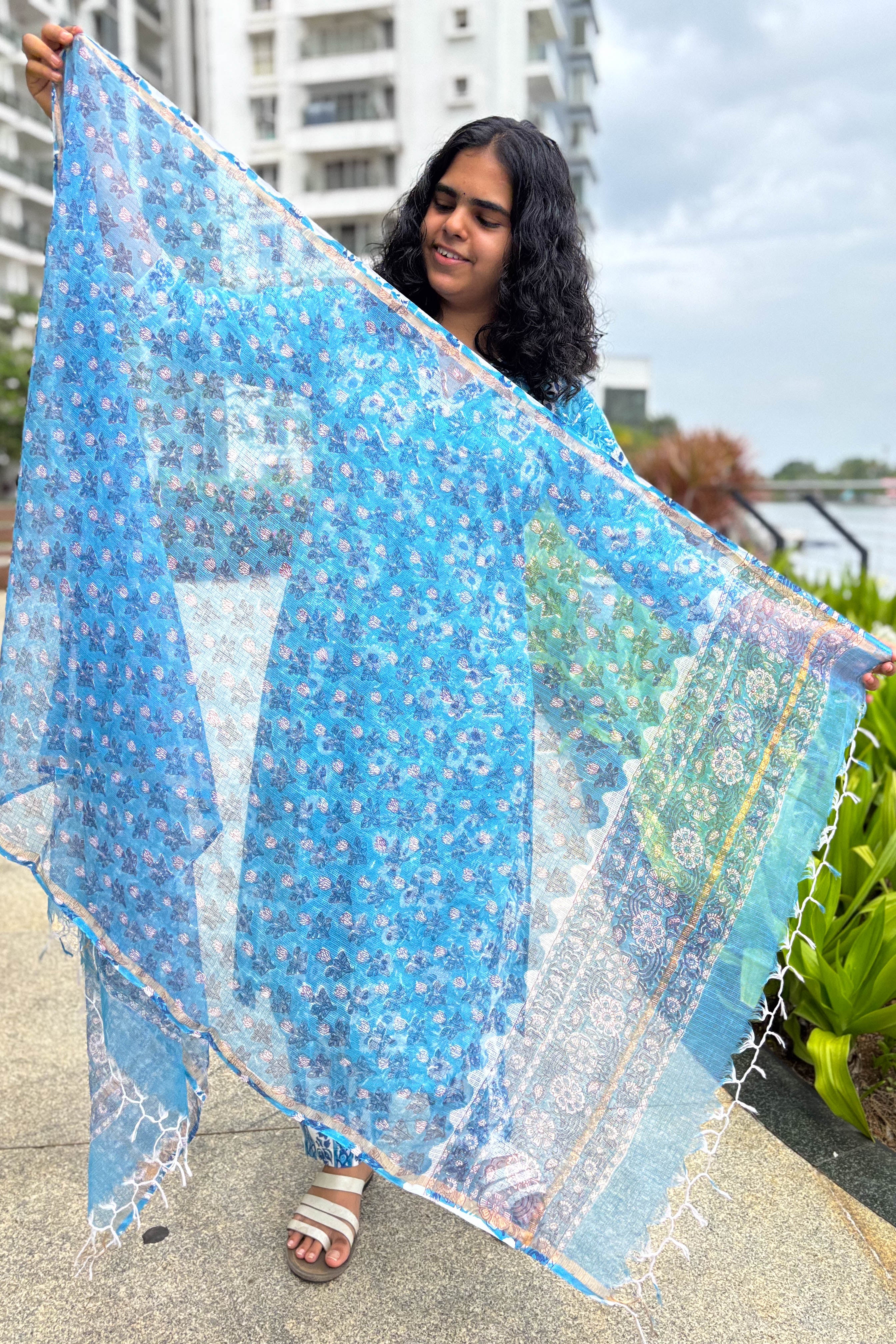 Sorai Sanganeri Handprinted Kota Doria Dupatta