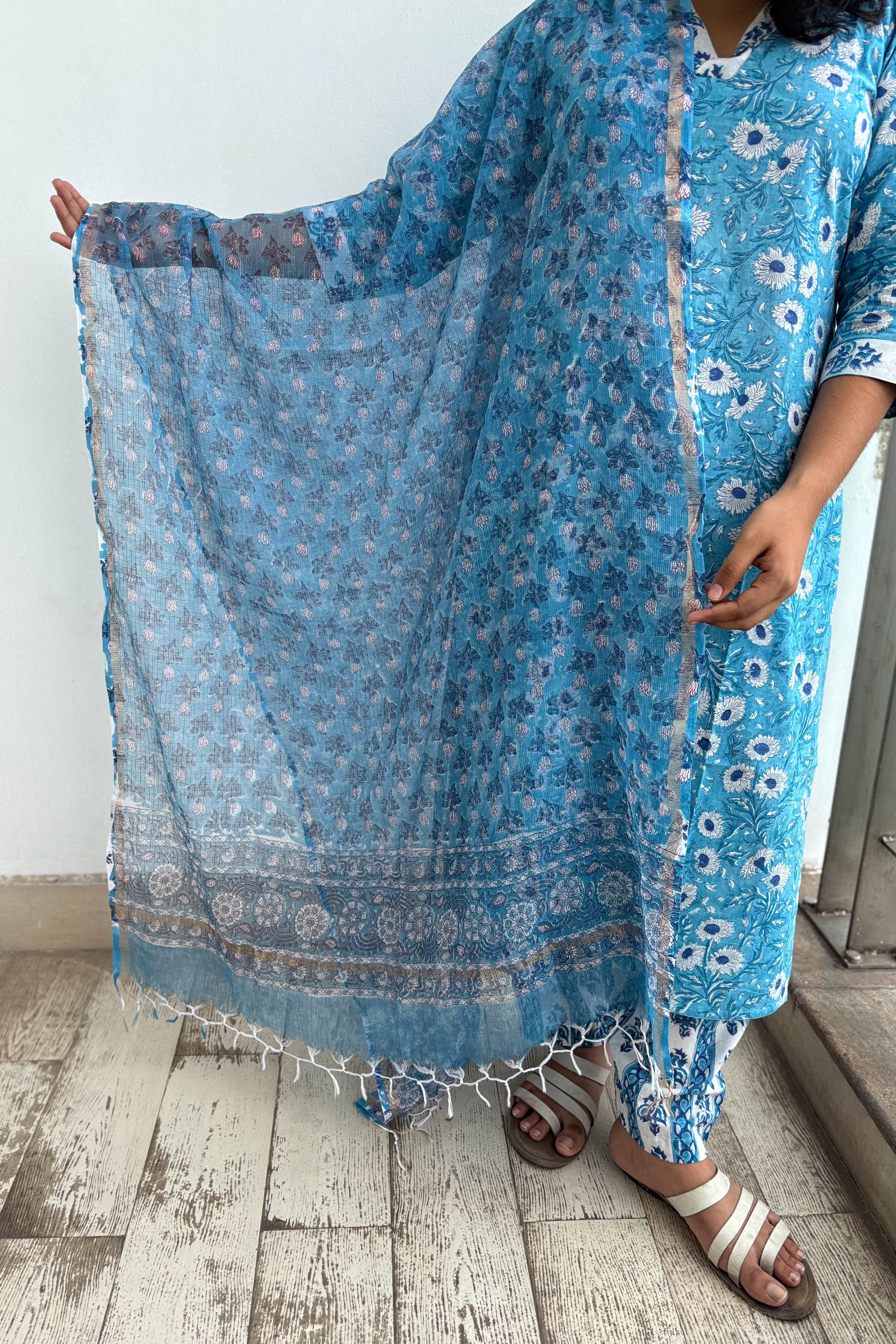 Sorai Sanganeri Handprinted Kota Doria Dupatta