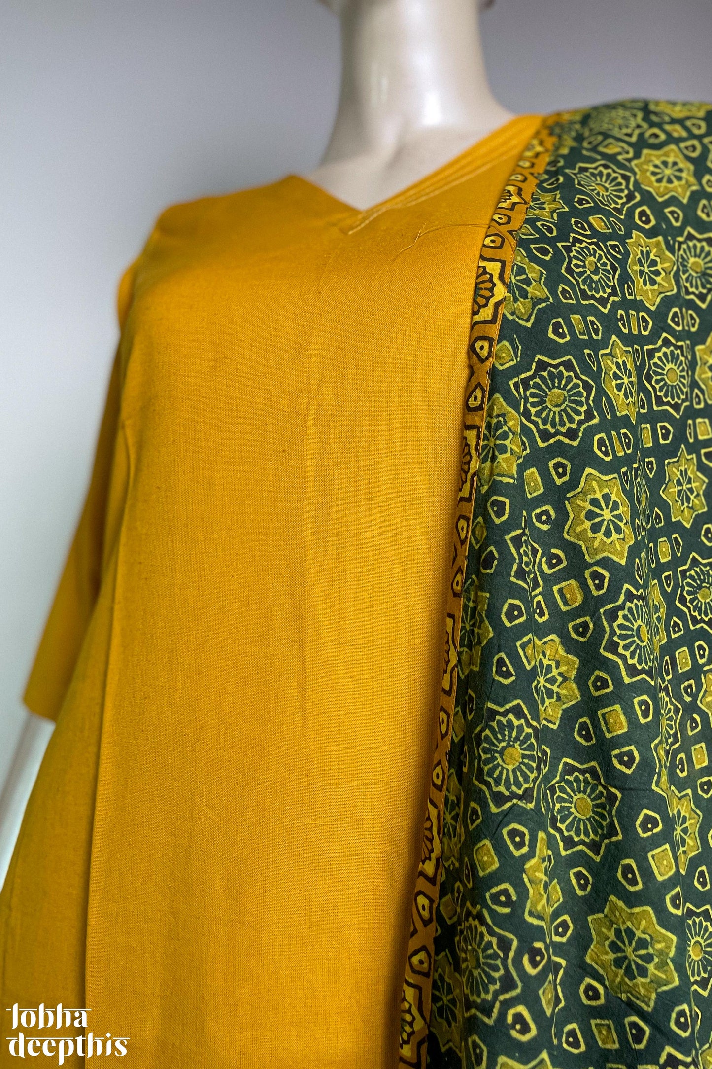 Mustard Cotton Flax V Neck Kurta