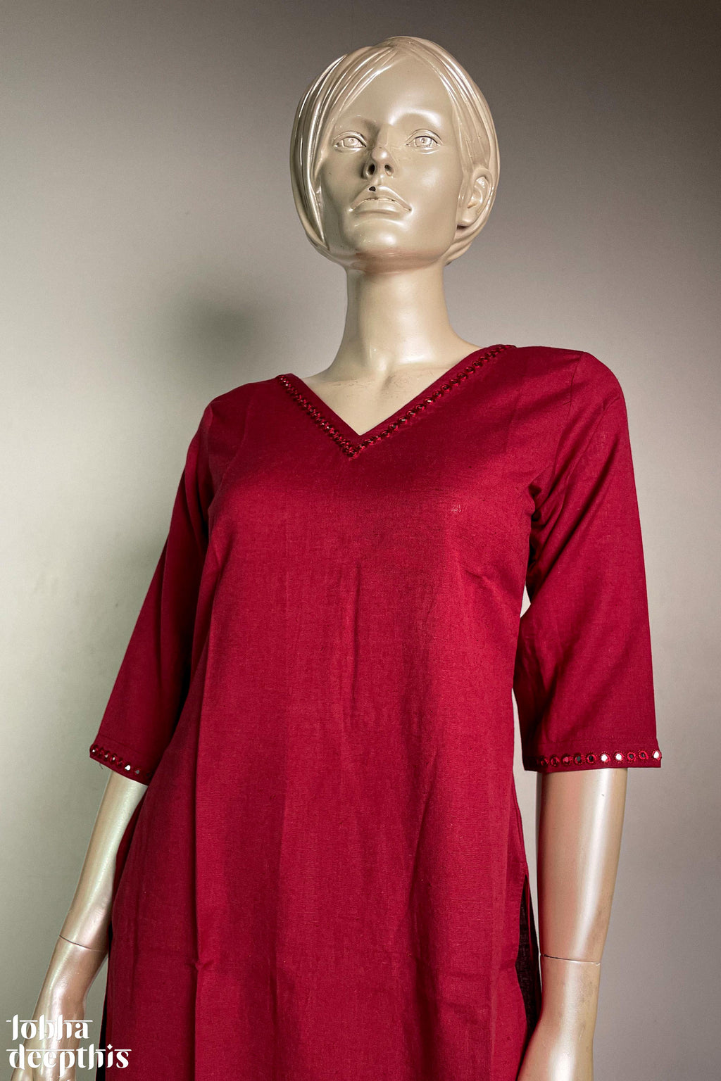 Neckline Mirrorwork Maroon Cotton Kurta
